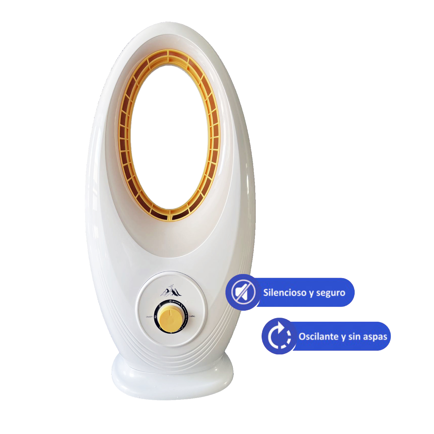 Un ventilador blanco y dorado con diseño circular, con texto que indica silencioso y seguro.