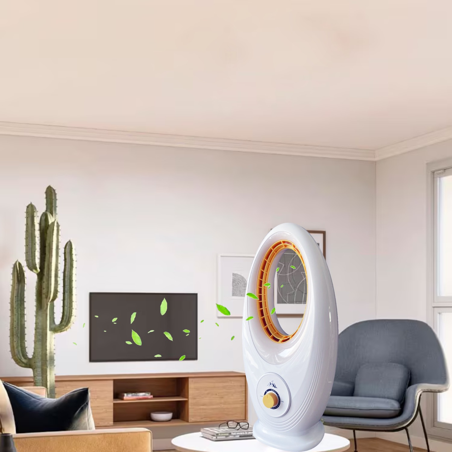 Un ventilador sin aspas blanco y naranja, con una mesa y un salón al fondo.
