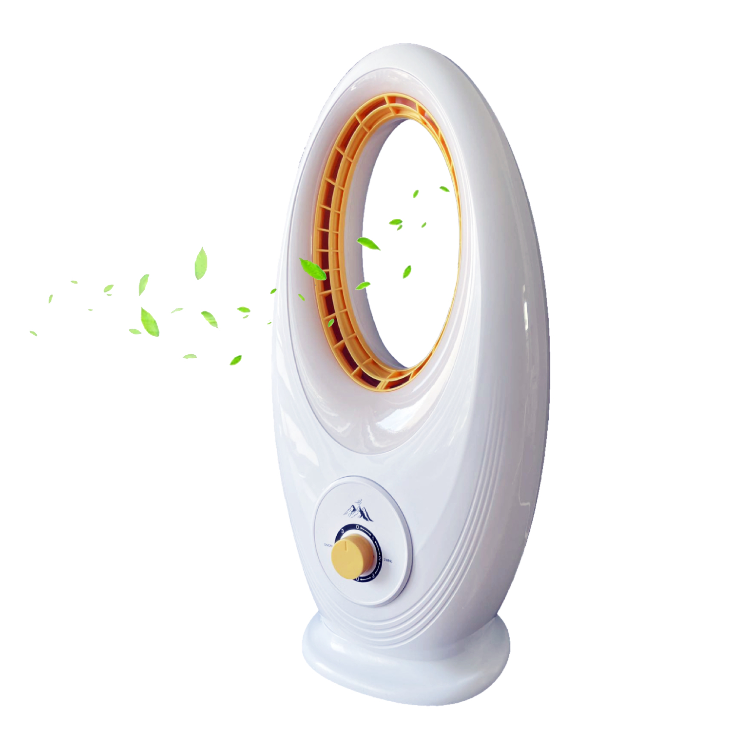 Ventilador blanco con anillo amarillo y hojas. El ventilador es ovalado y tiene una perilla de control.