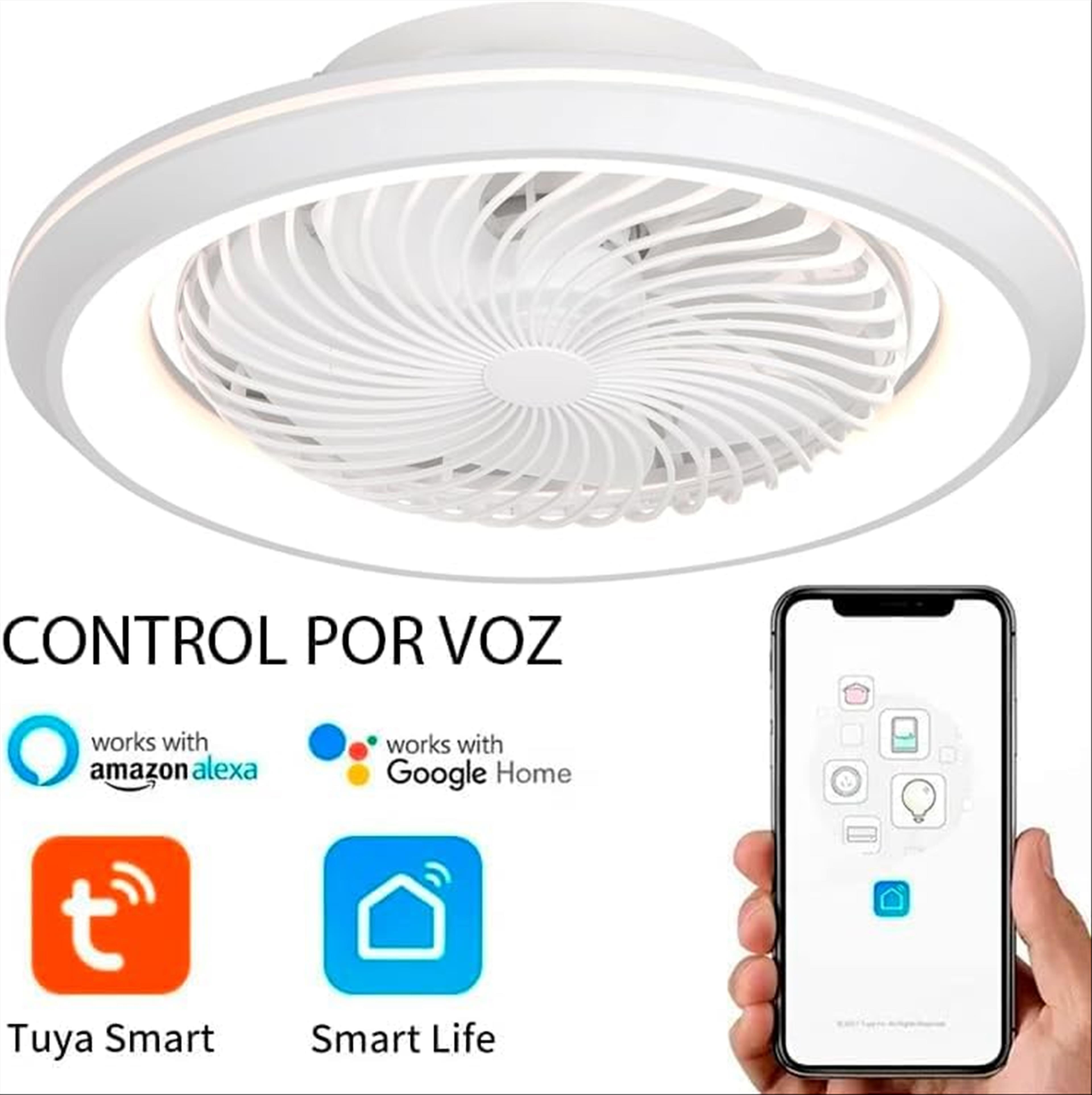 Un ventilador de techo blanco con luz y un smartphone con iconos de control por voz.
