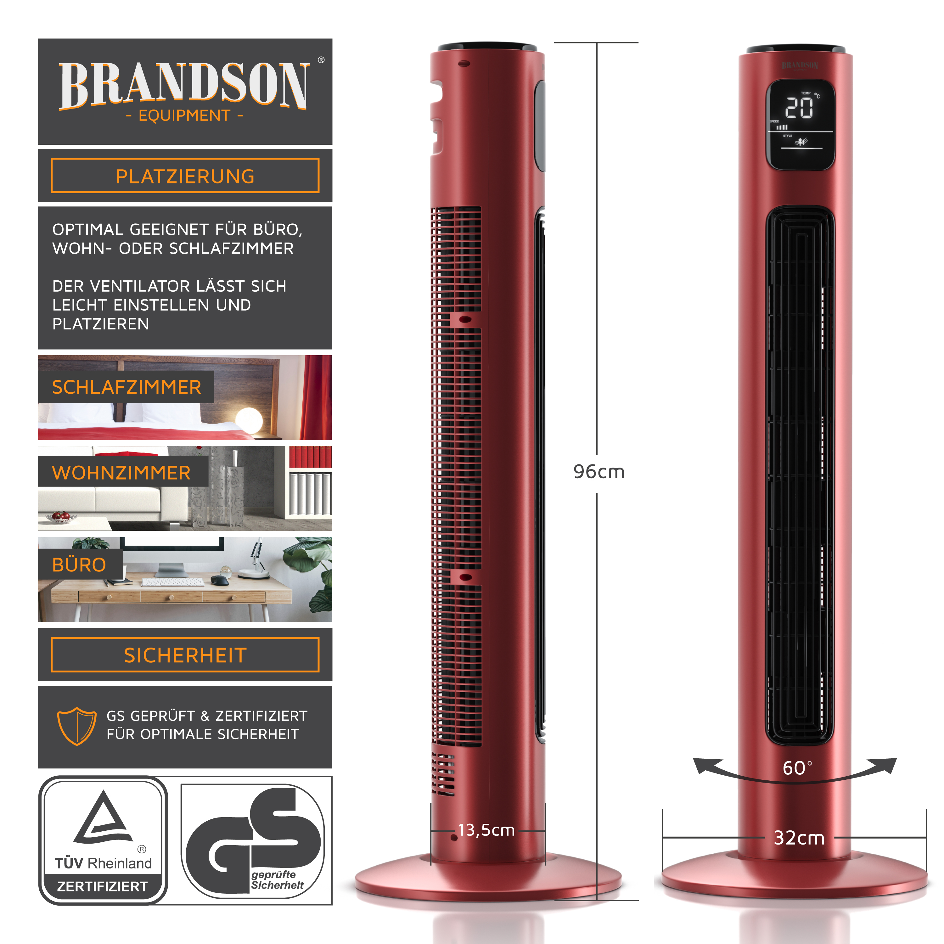 Roter Turmventilator mit Digitalanzeige und Abmessungen. Text enthält 'BRANDSON' und Spezifikationen.