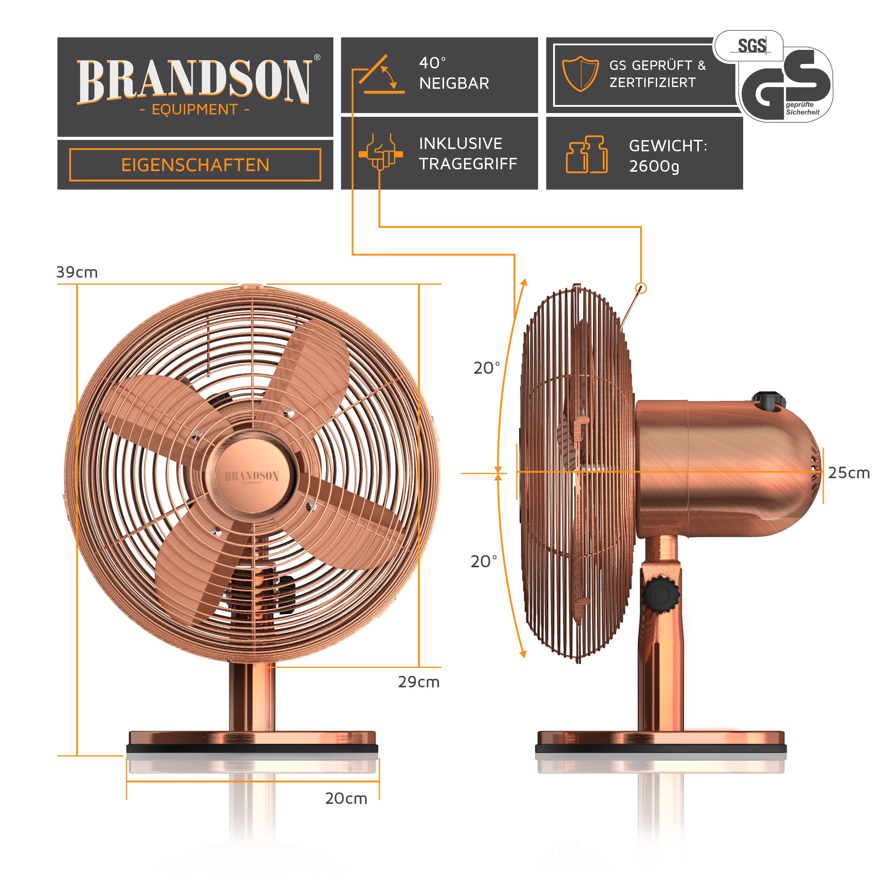 Kupferfarbener Ventilator mit Maßen: 29 cm breit, 20 cm Basis und 39 cm hoch.