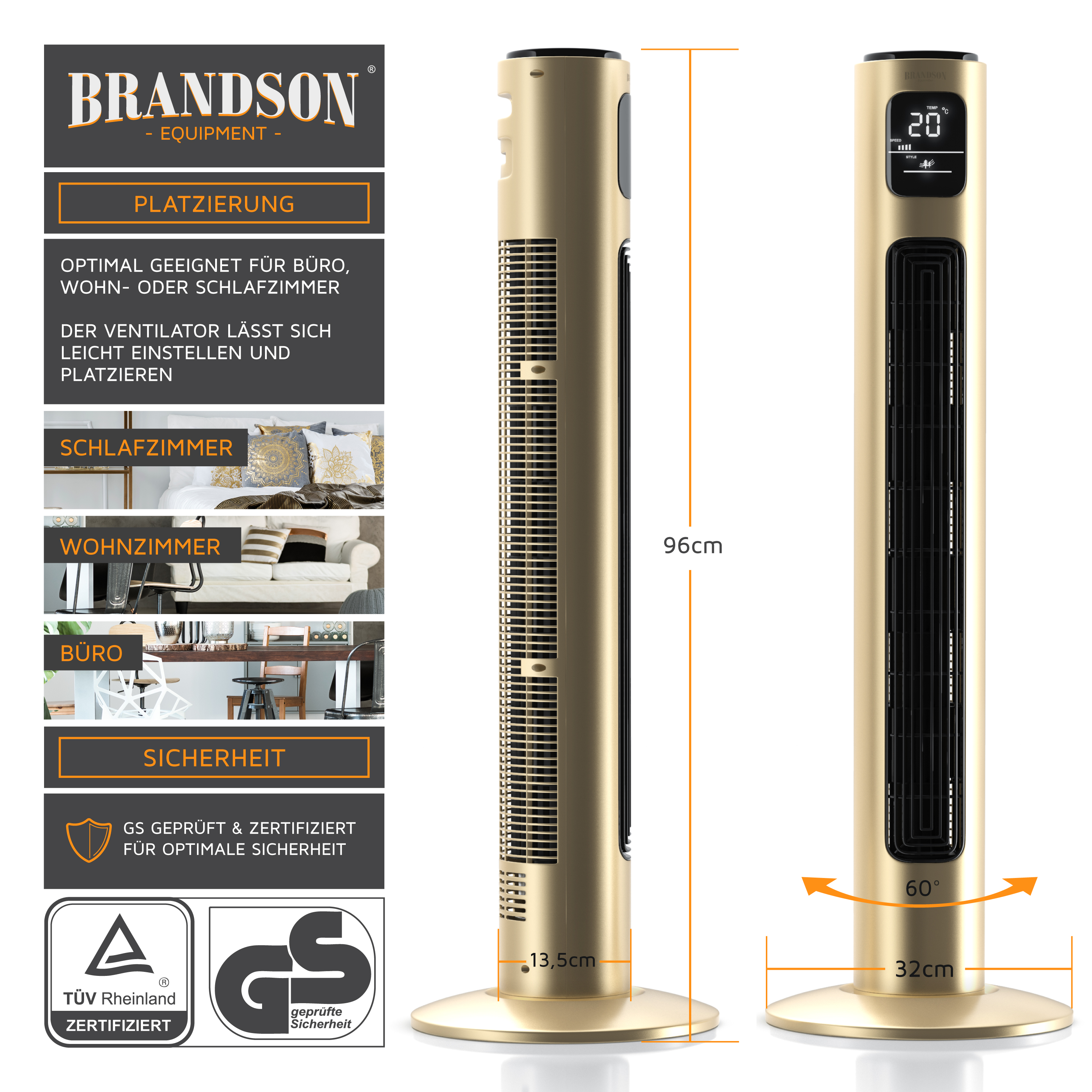 Goldfarbener Turmventilator mit Digitalanzeige und Standfuß. Abmessungen sind angegeben.