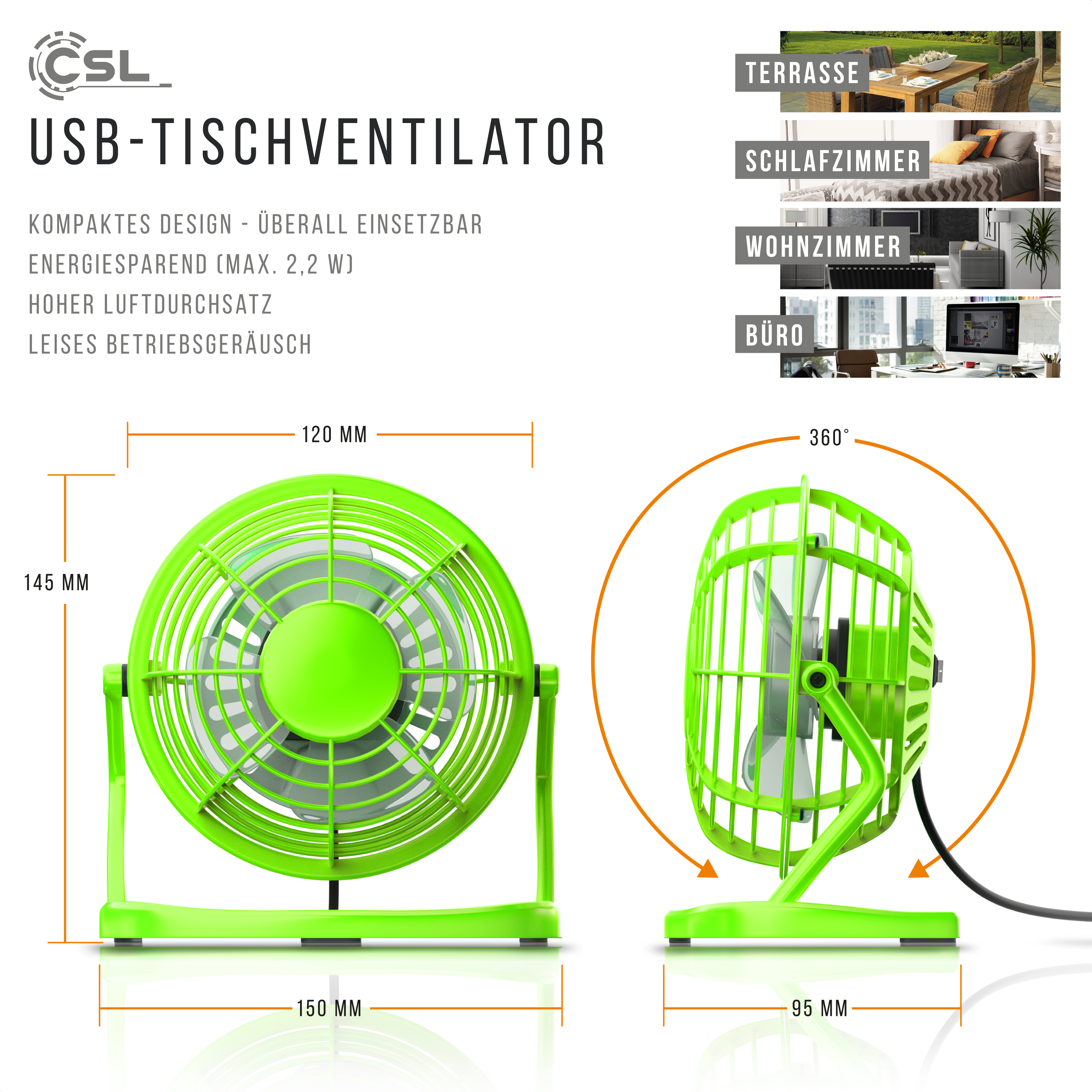 Grüner USB-Tischventilator mit Abmessungen, Vorder- und Seitenansicht, mit Textbeschriftungen.
