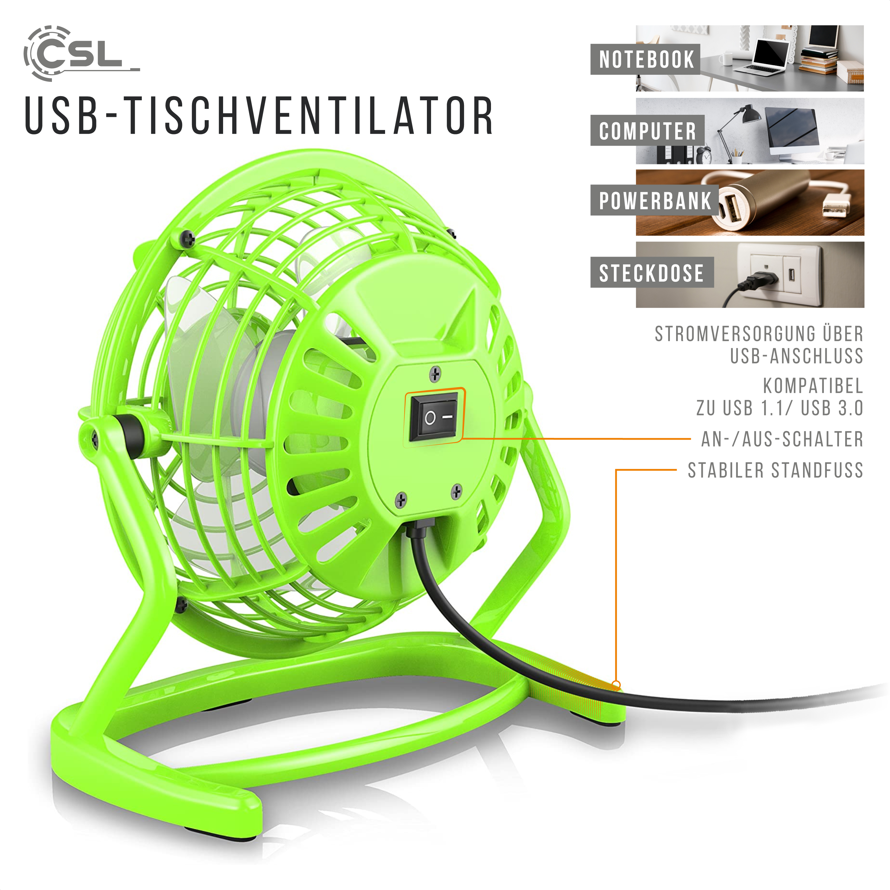 Grüner USB-Schreibtischventilator. Er hat ein Schutzgitter und einen Ein/Aus-Schalter. Stromversorgung über USB.