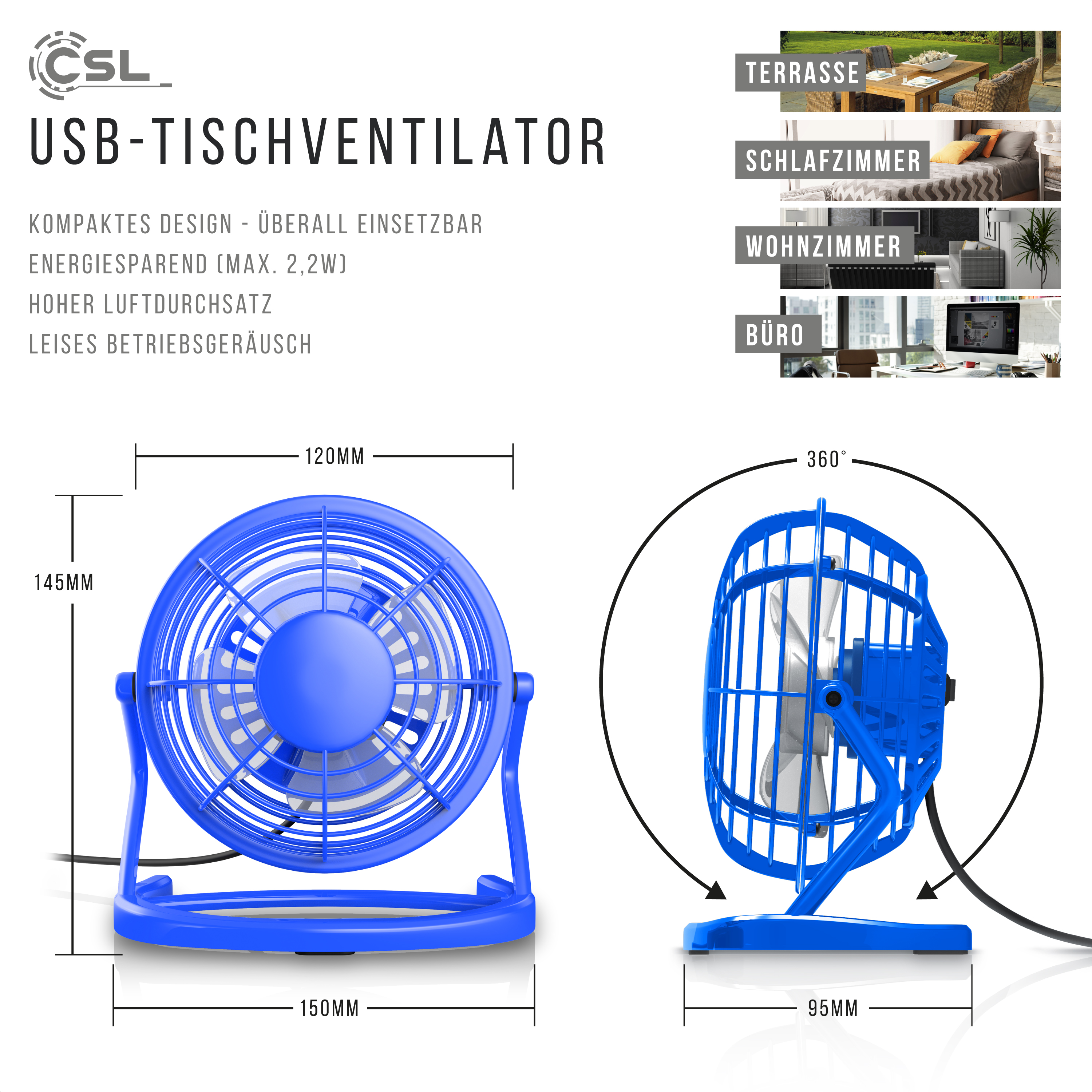 Zwei Ansichten eines blauen USB-Tischlüfters mit angegebenen Abmessungen und Merkmalen.