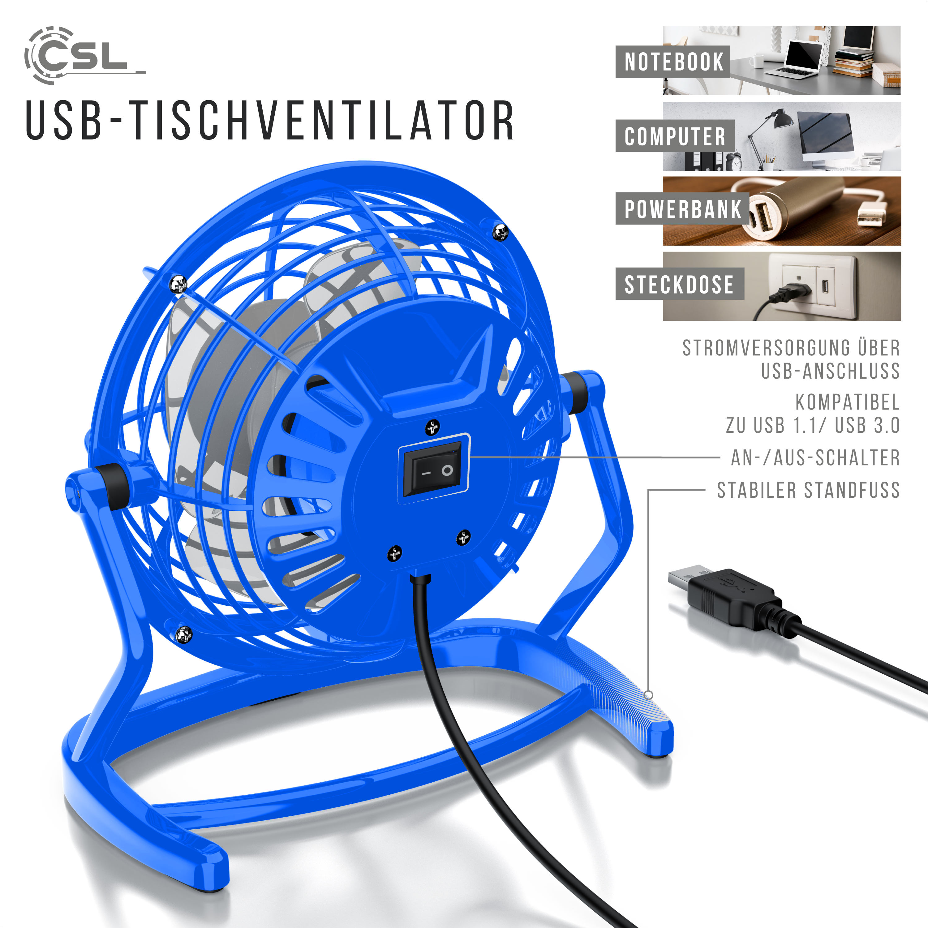 Blauer USB-Schreibtischventilator mit Ein-/Ausschalter und USB-Kabel. Der Ventilator steht auf einer weißen Oberfläche.