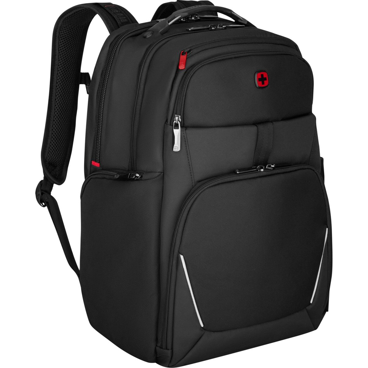 Schwarzer Rucksack mit roten und silbernen Details, rotem Kreuzlogo, vor weißem Hintergrund.