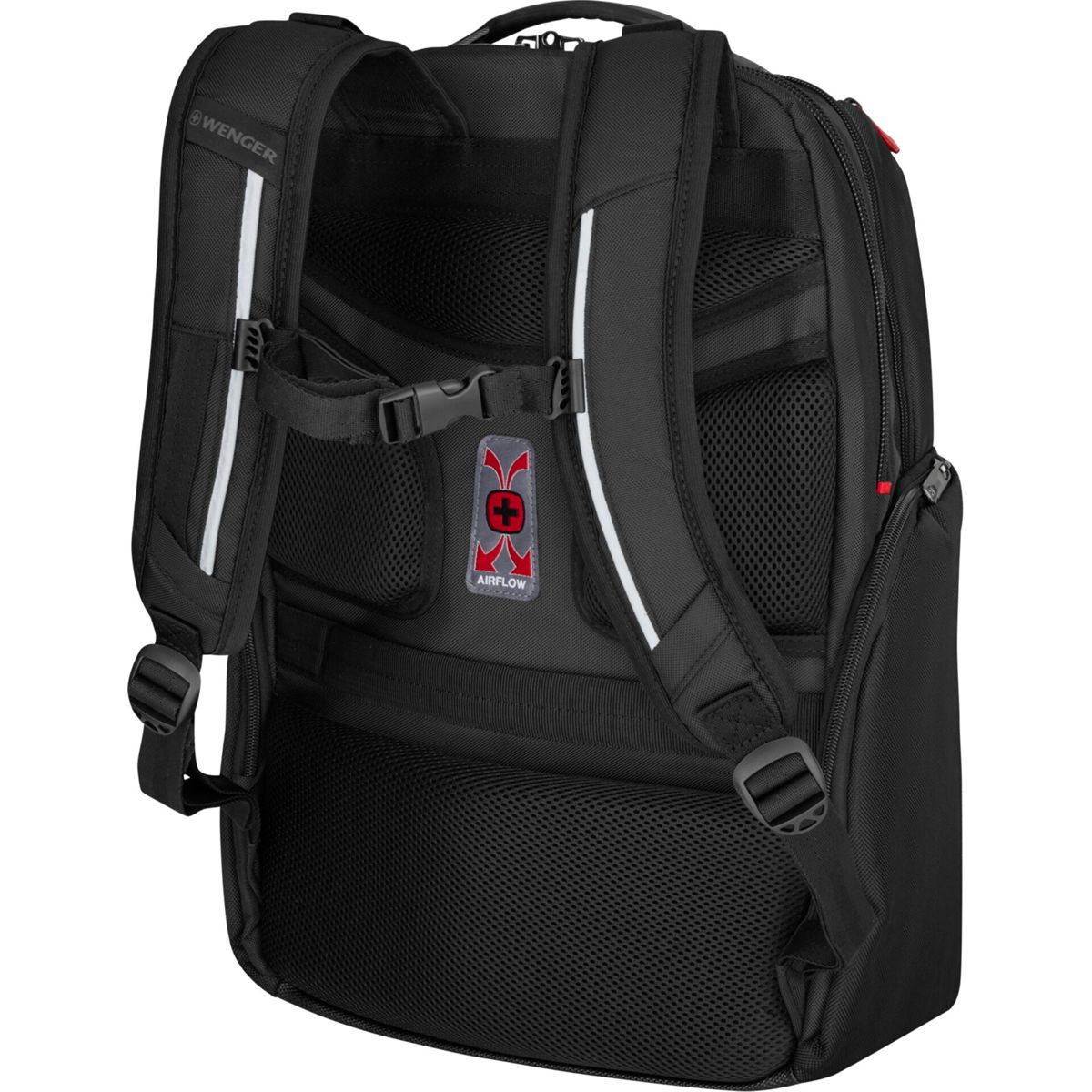 Schwarzer Rucksack, Rückansicht. Merkmale sind Gurte, reflektierende Streifen und Airflow-System. 'Wenger'-Logo links oben.