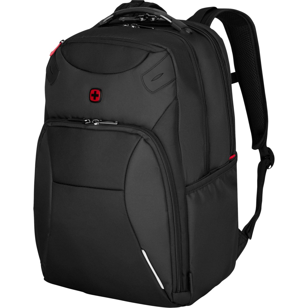 Zaino nero con dettagli rossi e un logo rosso, su sfondo bianco.
