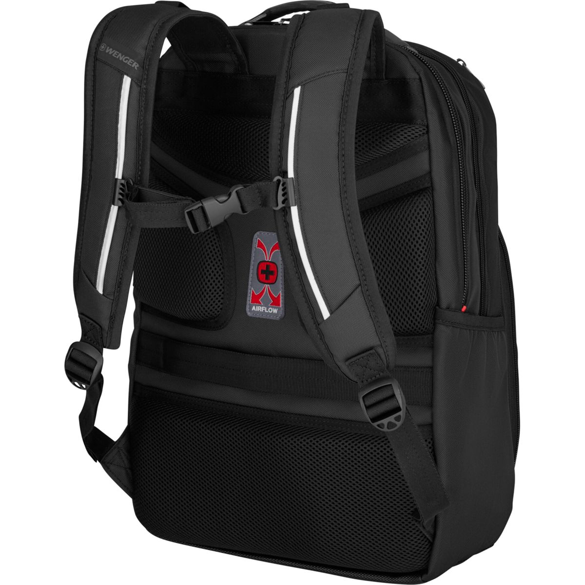 Uno zaino nero con strisce bianche, schienale in rete e un logo Airflow rosso.