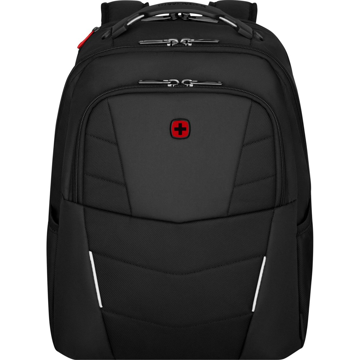 Schwarzer Rucksack mit rotem Schweizer Kreuz-Logo. Hat weiße reflektierende Streifen auf der Vorderseite. Es ist schwarz.
