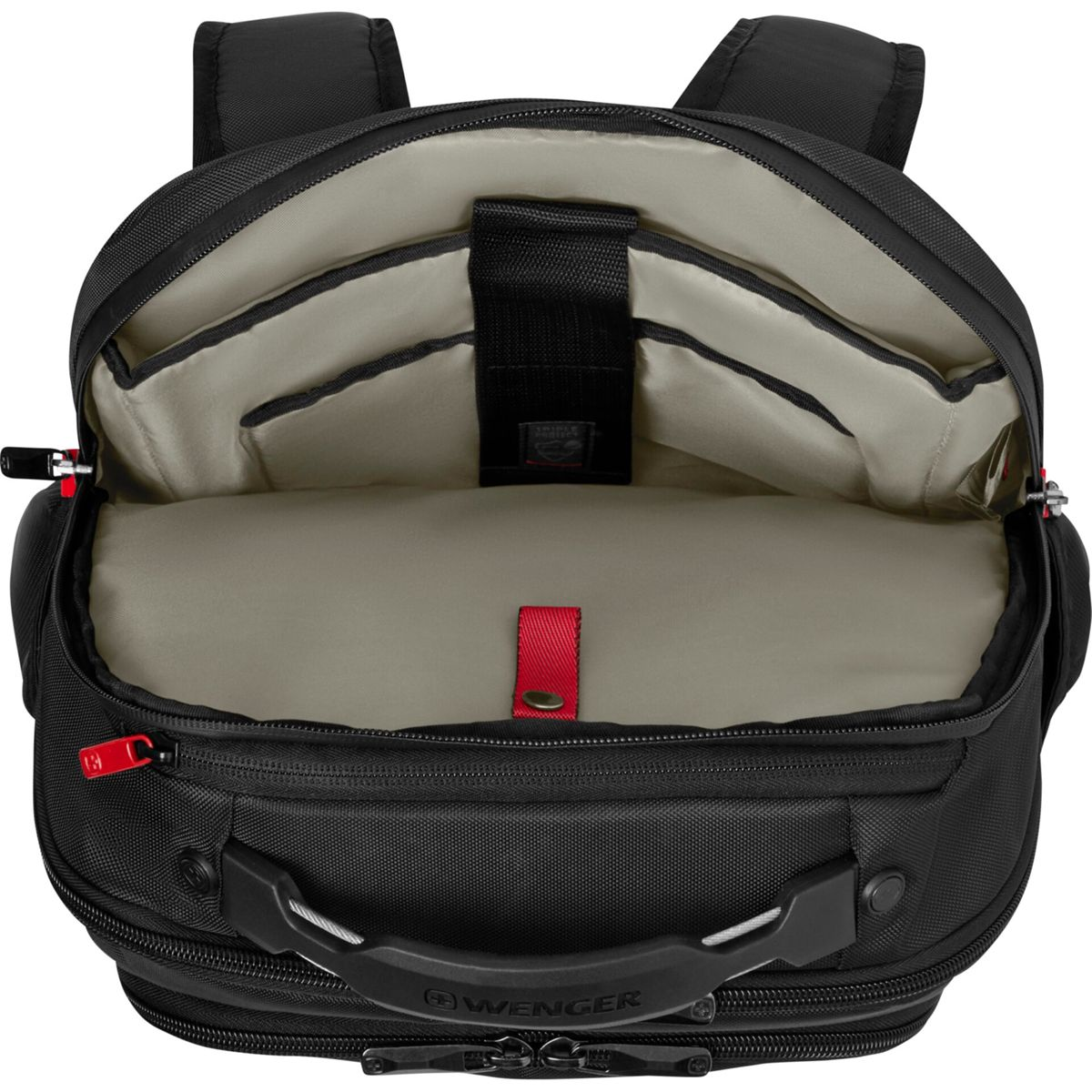 Schwarzer Rucksack, offen. Innentaschen, roter Zuglasche, Griff und Reißverschlüsse. Graues Futter.