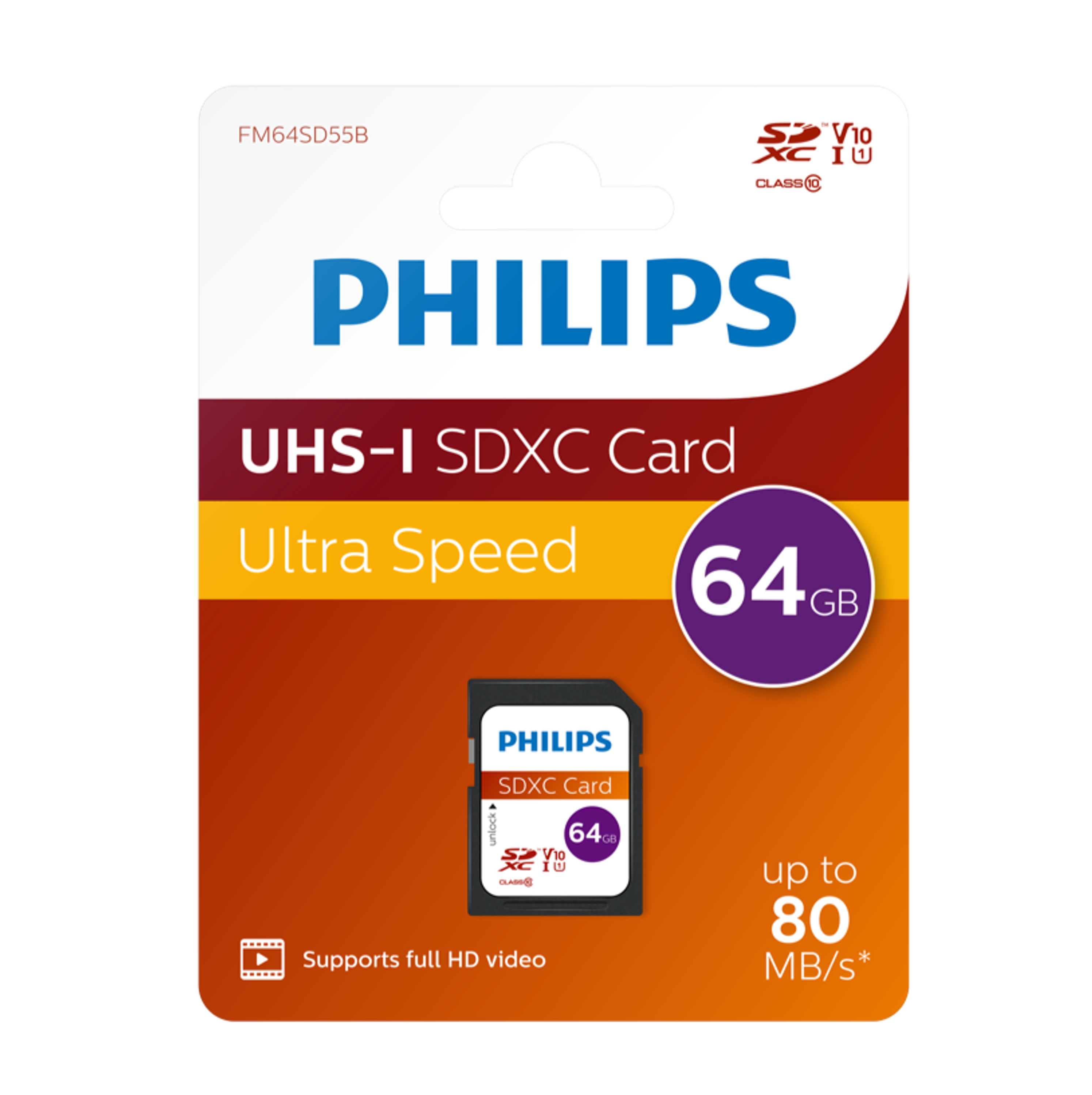Philips SDXC-Kartenverpackung. Text: UHS-I SDXC-Karte, Ultra Speed, 64 GB, bis zu 80 MB/s.