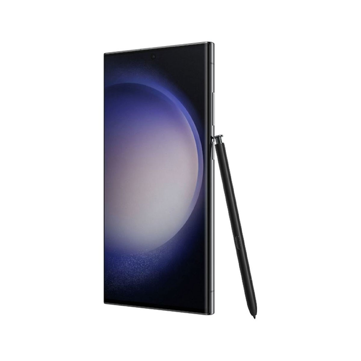 Smartfon z rysikiem stoi pionowo. Telefon jest czarny z zieloną ramką.