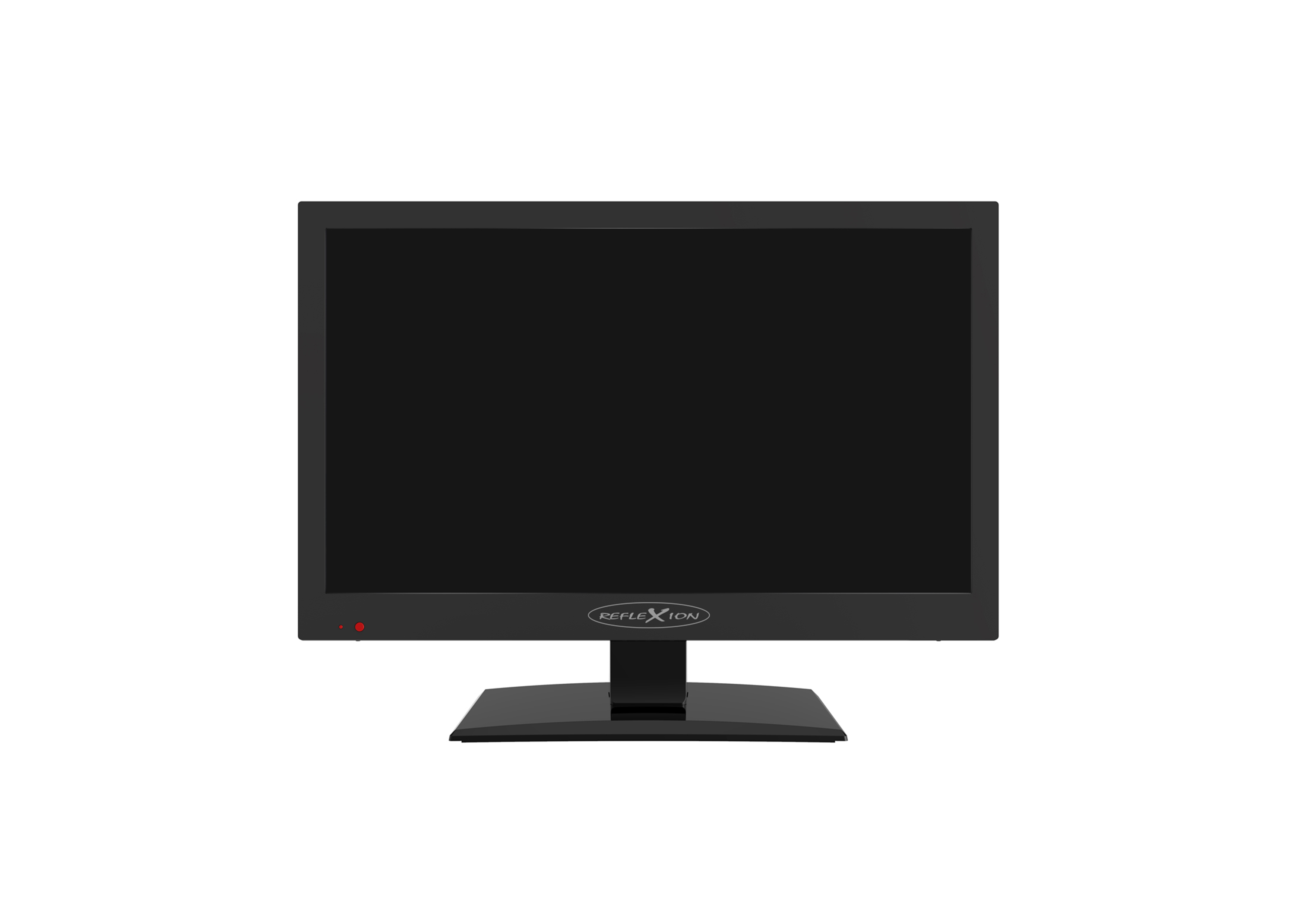 Ein schwarzer Computermonitor mit schwarzem Rahmen und schwarzem Bildschirm.