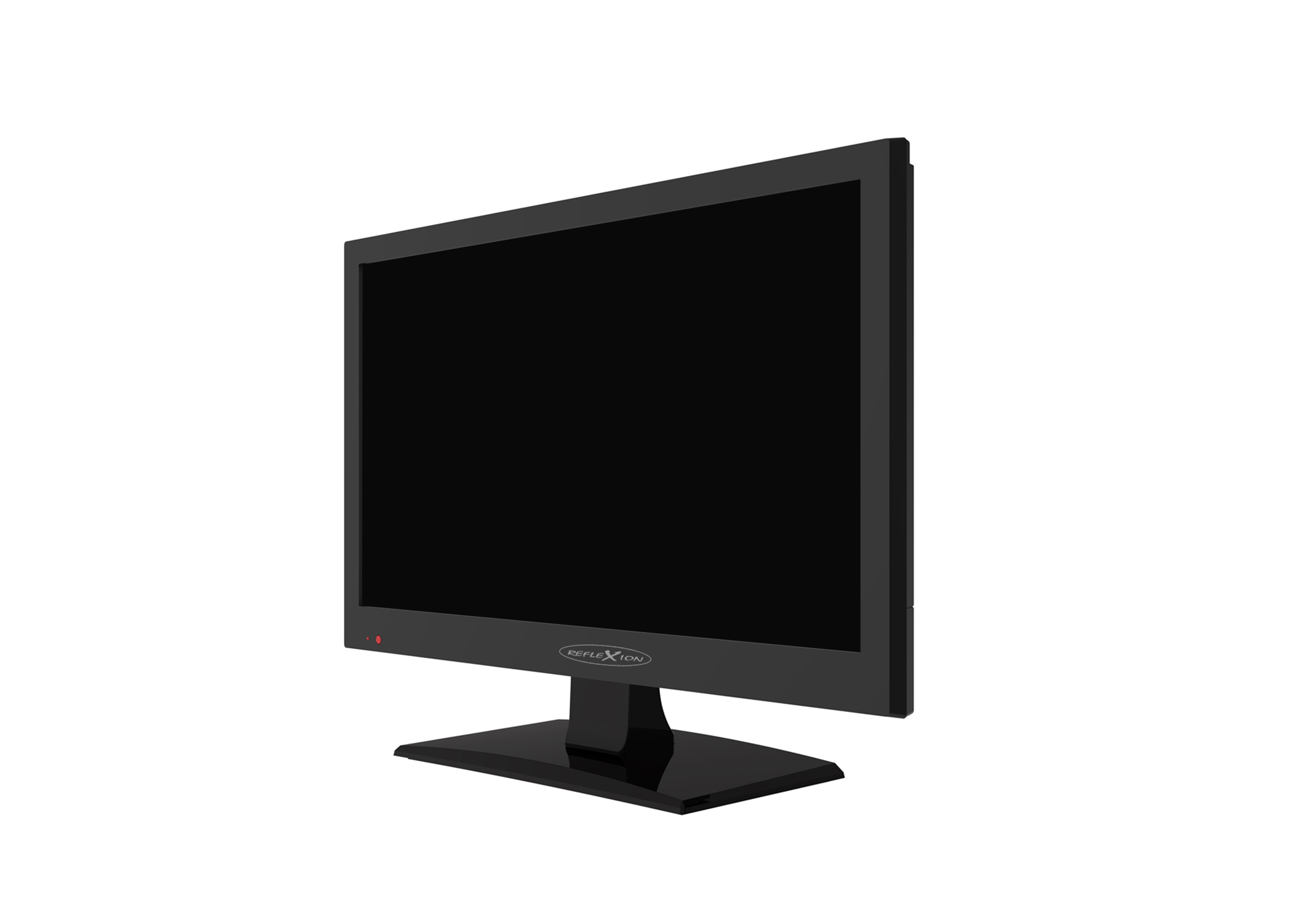 Schwarzer Computermonitor auf einem Ständer. Der Bildschirm ist schwarz, das Logo ist sichtbar.