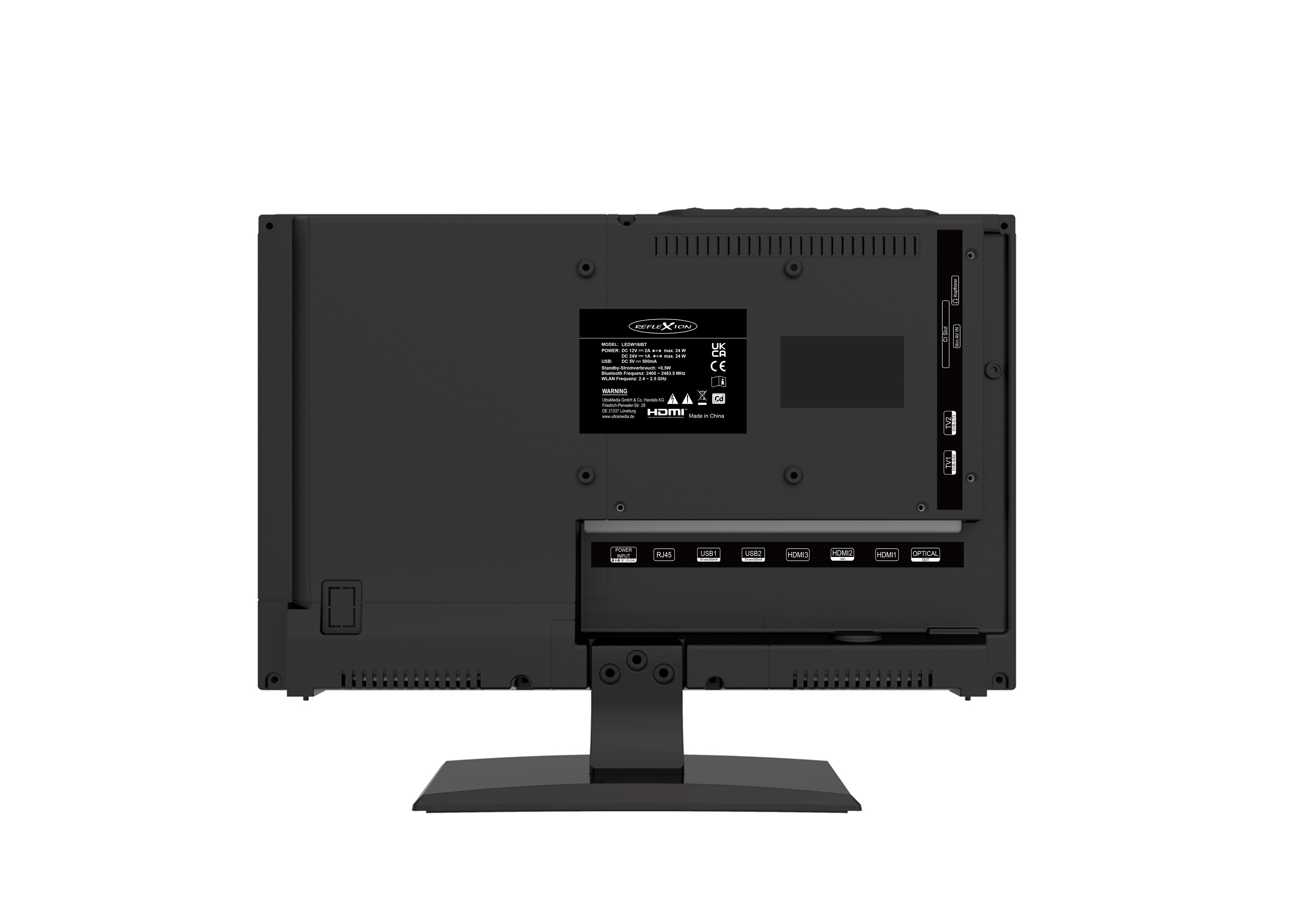 Rückansicht eines schwarzen Computermonitors mit Ständer. Anschlüsse und Beschriftungen sind sichtbar.