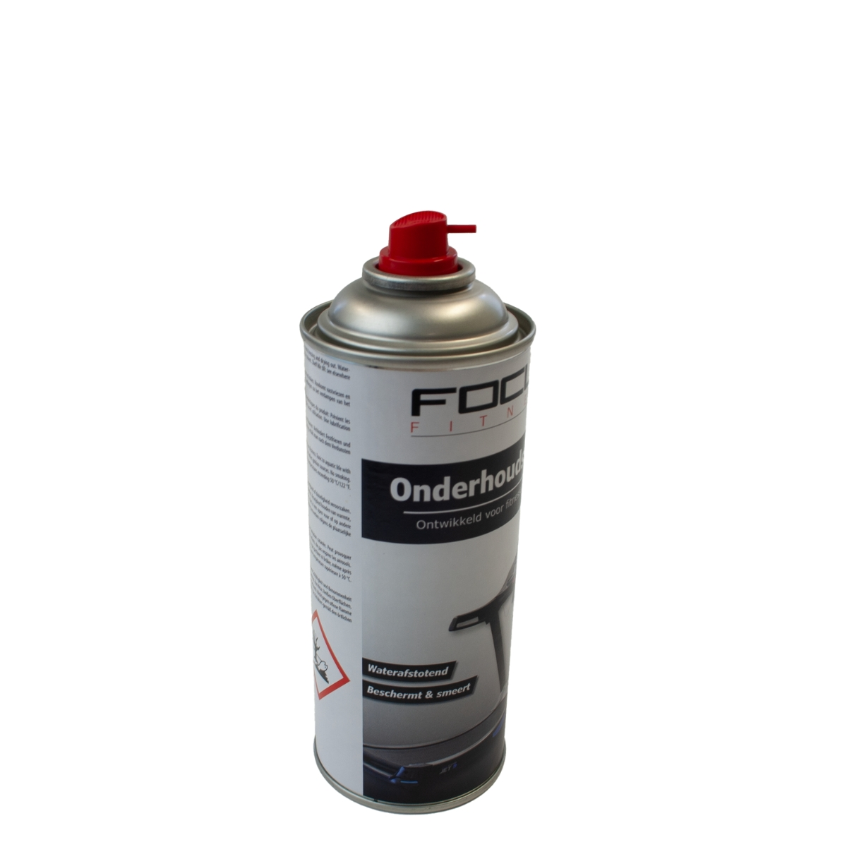A silver spray can with a red nozzle, labeled with text and a hazard symbol, on a white background.