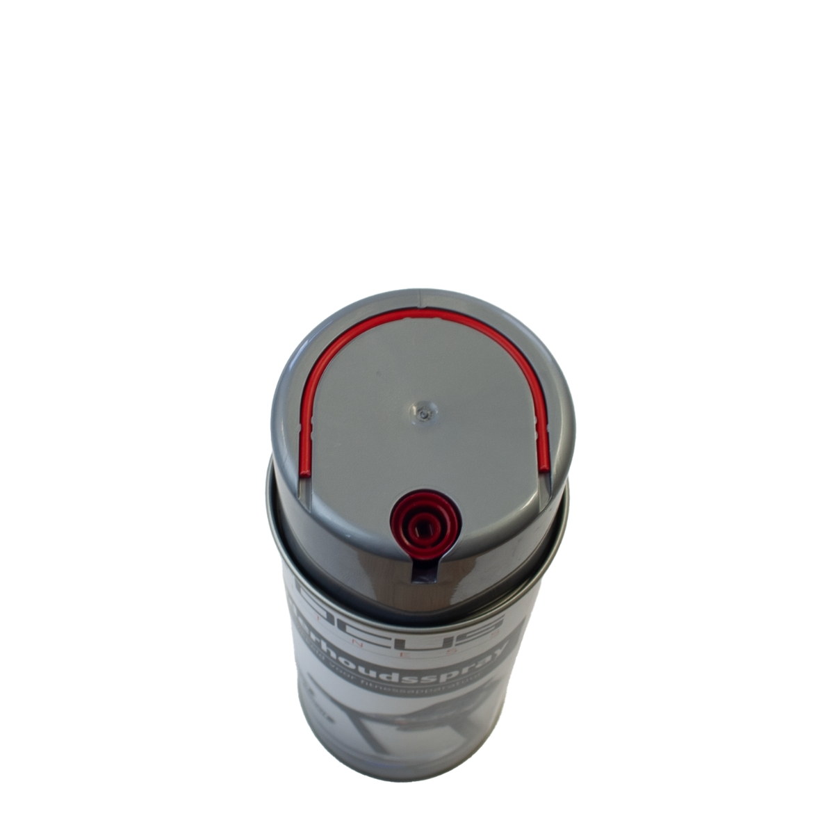 A spray can, with a red nozzle detail, is viewed from above against a white background.
