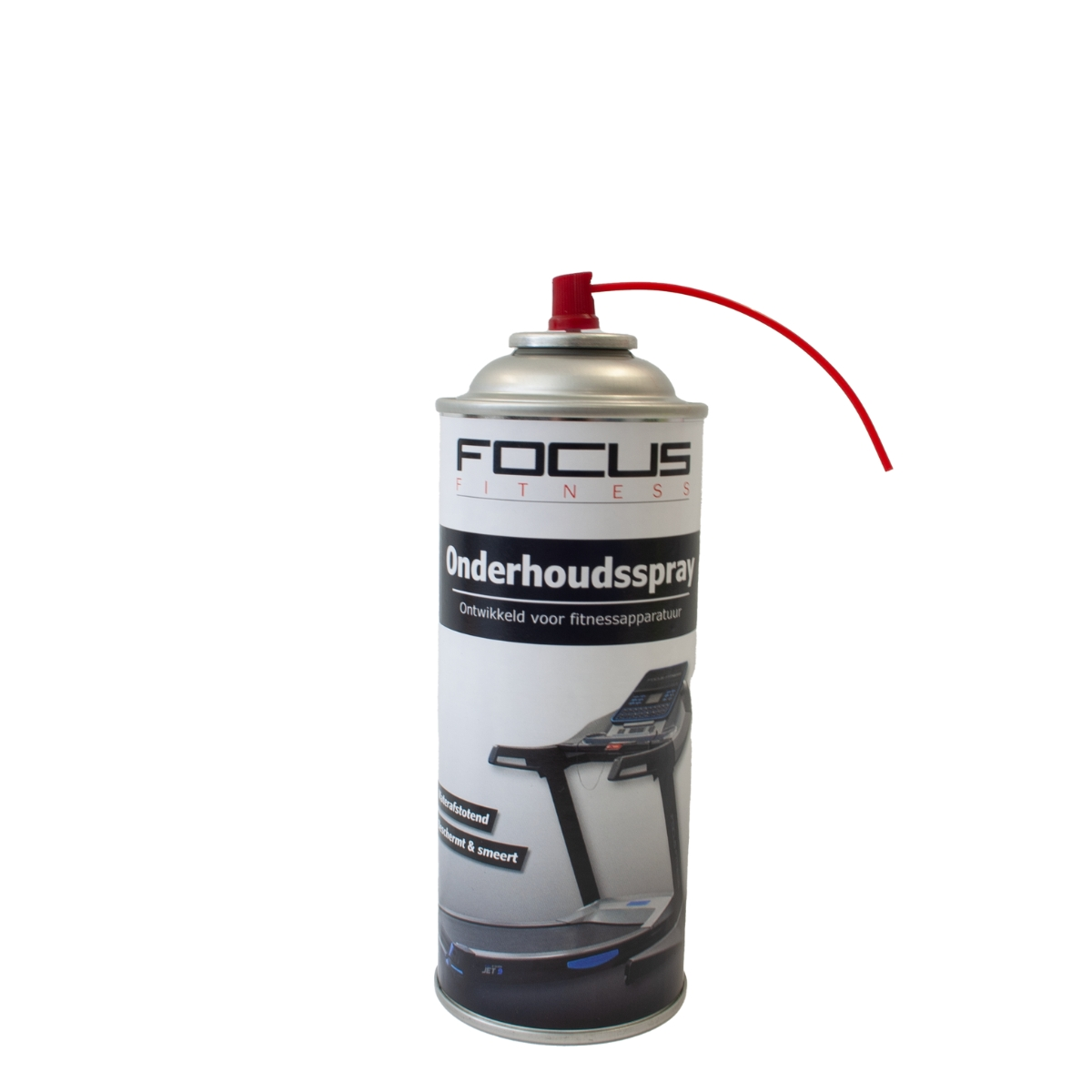 Silver spray can labeled 'FOCUS FITNESS', with a red spray tube, on a white background.