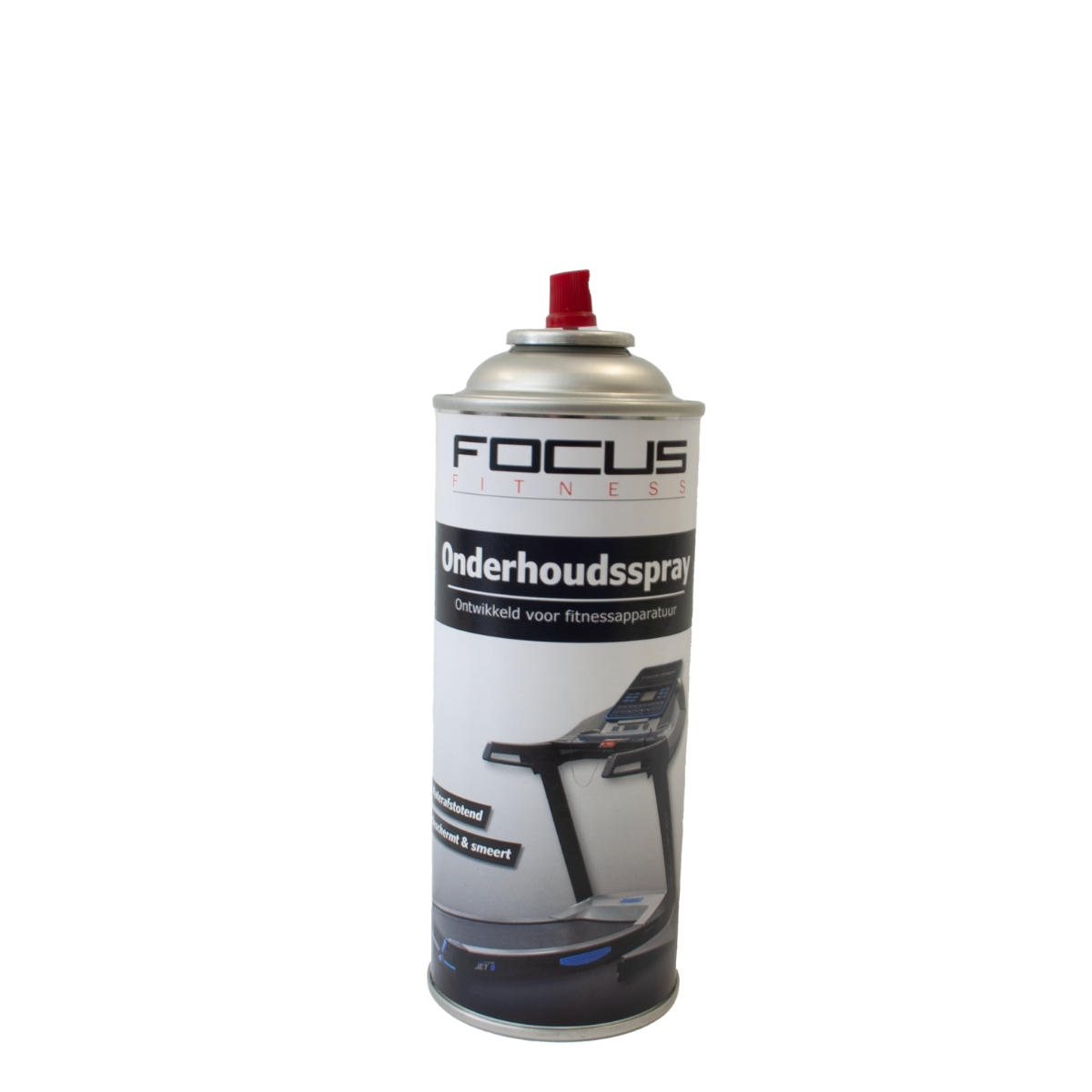A can of FOCUS FITNESS spray with a red nozzle, on a white background.