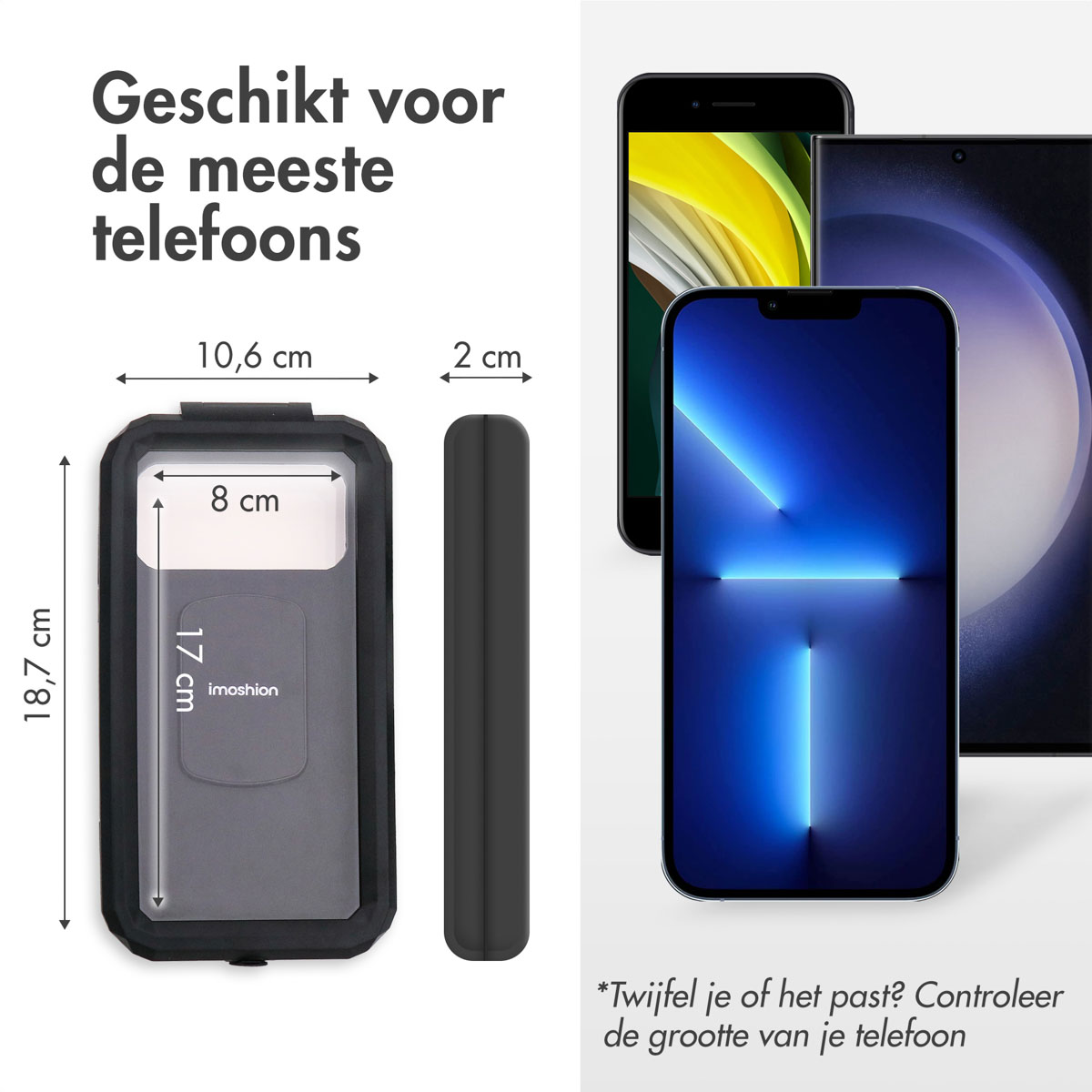 Black phone case with dimensions 18.7x10.6x2cm. Shows three smartphones.