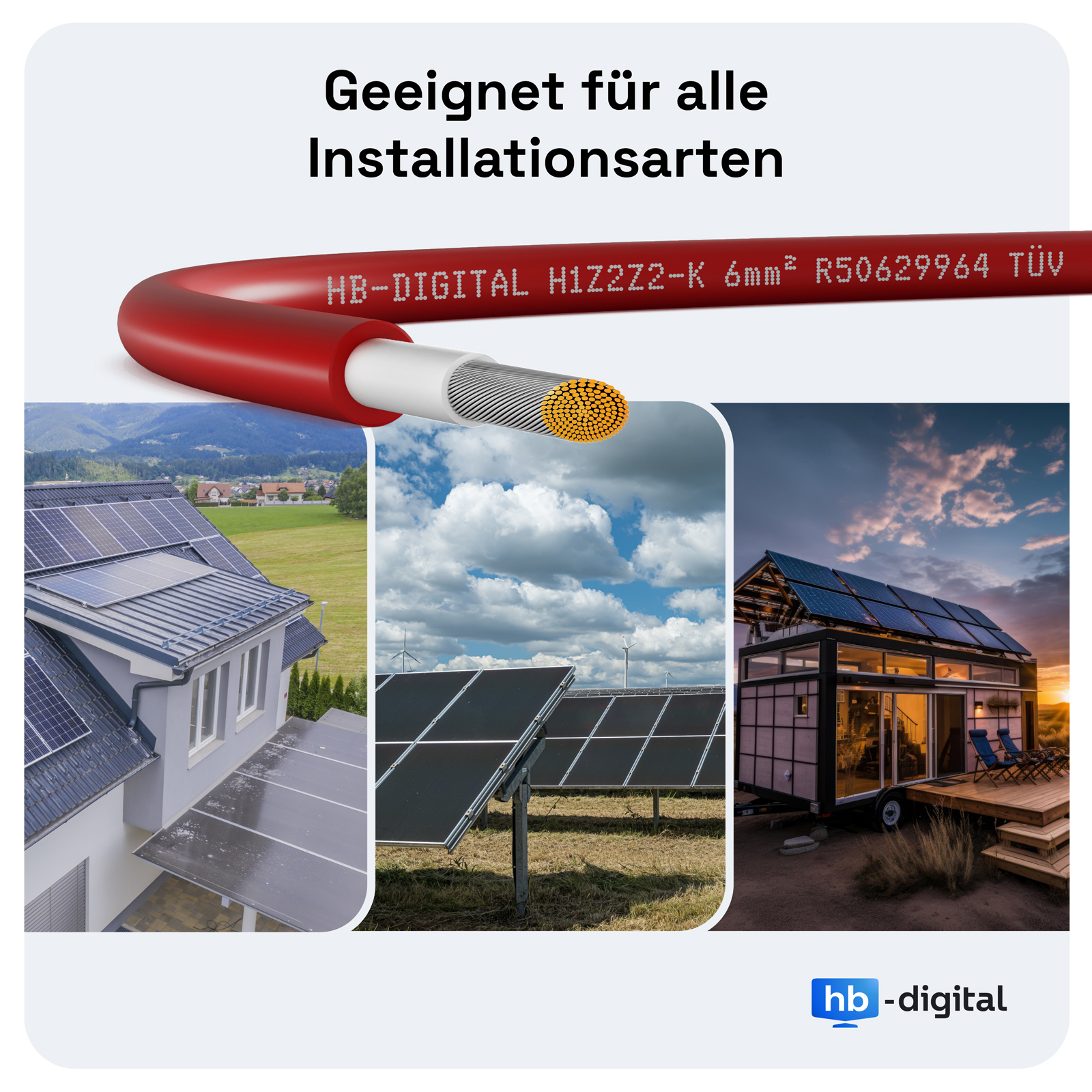 Rotes Kabel und drei Bilder von Solarmodulen mit deutschem Text.