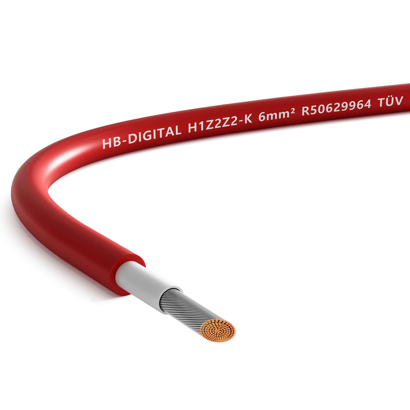 Rotes Elektrokabel mit weißen und kupfernen Innenteilen, auf weißem Hintergrund.