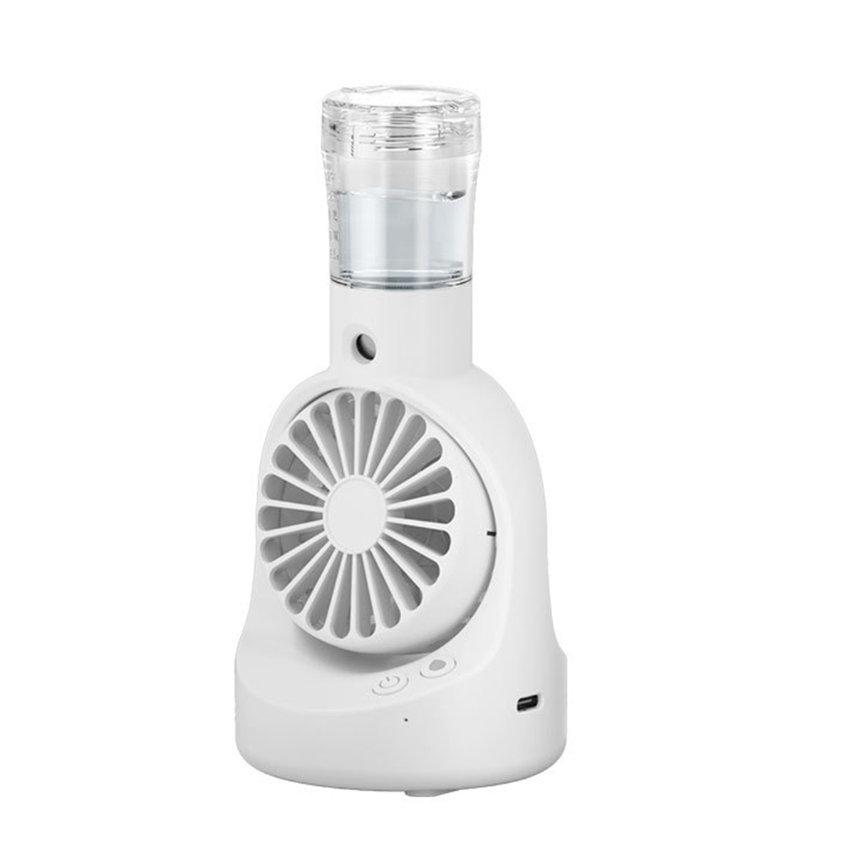 Weißer tragbarer Ventilator mit Wassertank und weißem Hintergrund.