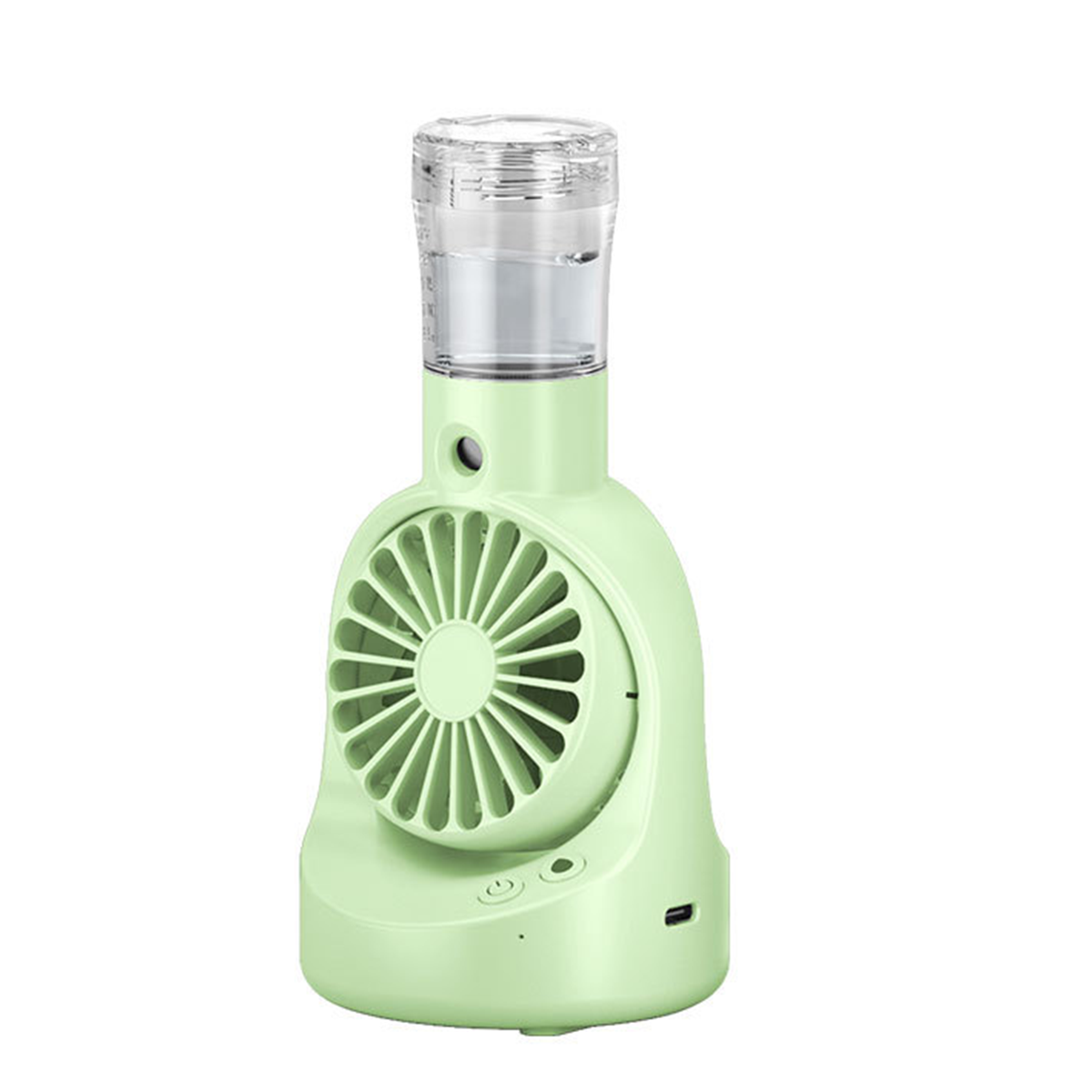 Grüner tragbarer Ventilator mit Wasserbehälter. Er hat einen Lüfter und einen Einschaltknopf. Weißer Hintergrund.