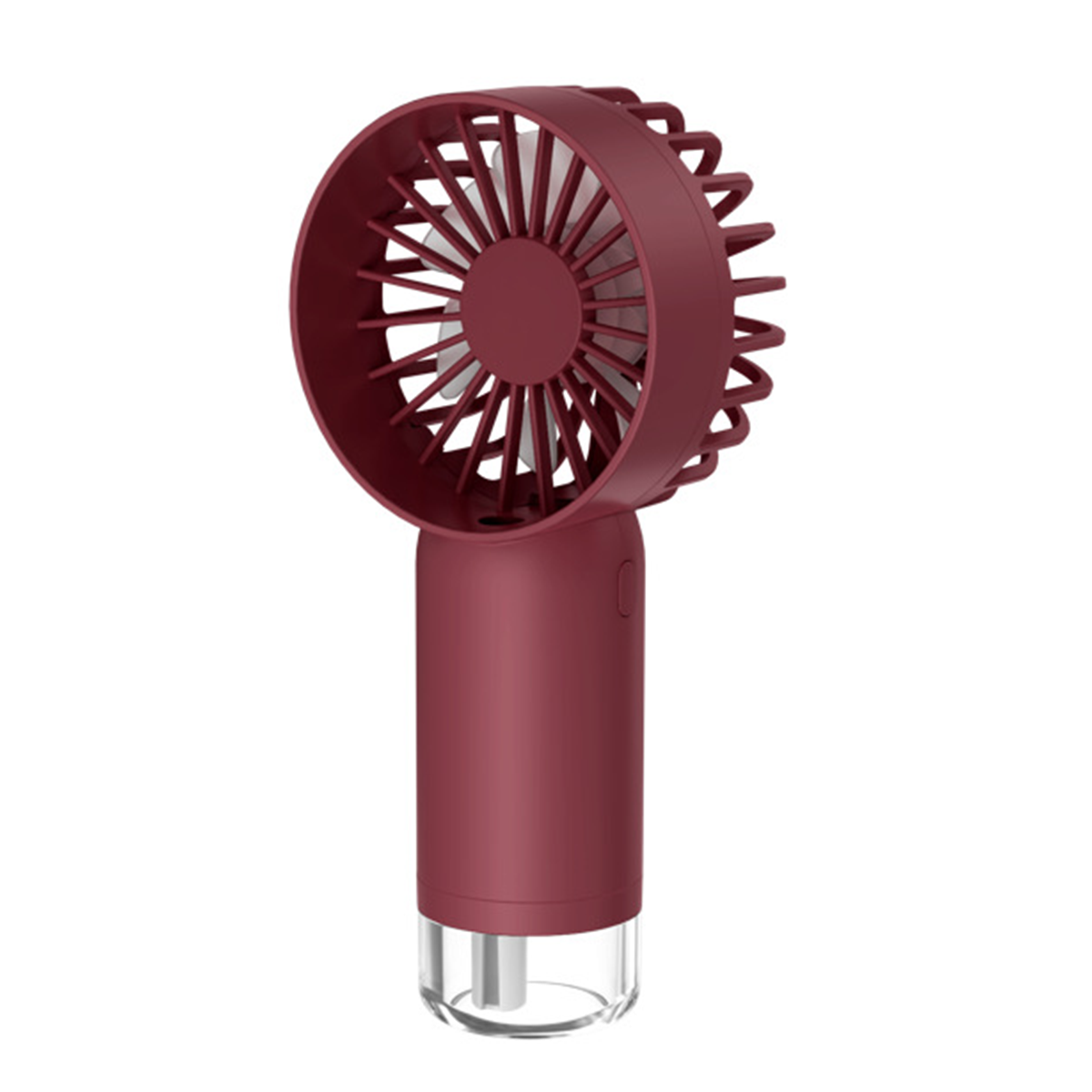 Bordeauxroter Handventilator mit durchsichtigem Boden. Weißer Hintergrund.