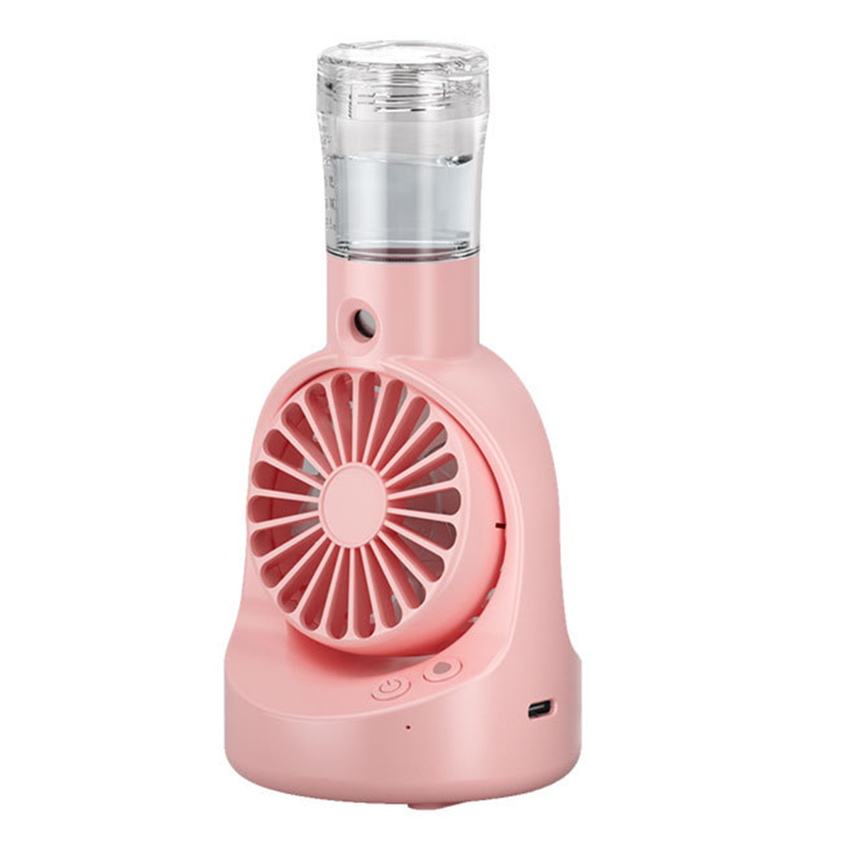 Pinker tragbarer Ventilator mit einer Wasserflasche oben. Er hat einen Ventilator und zwei Knöpfe vorne.