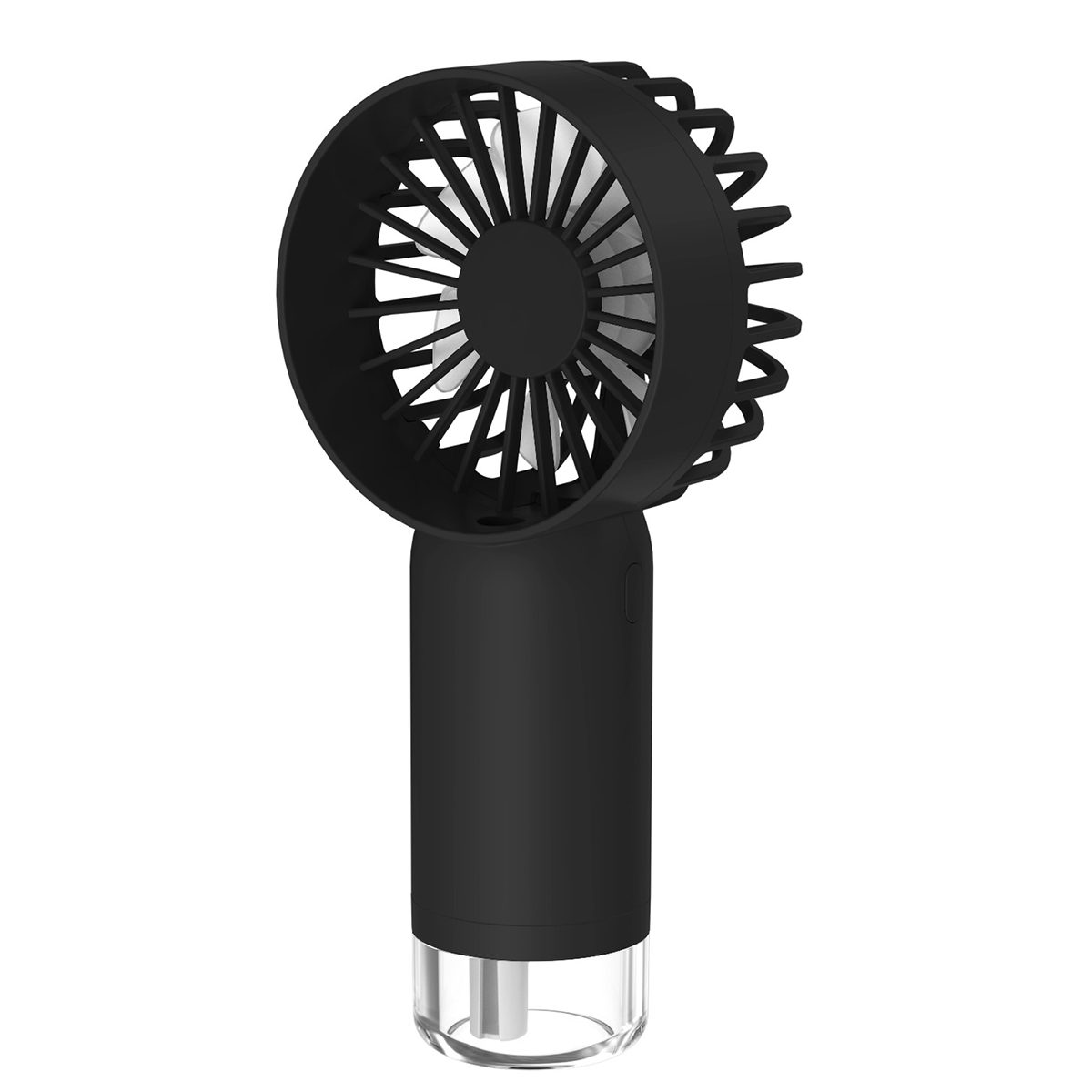 Schwarzer Handventilator. Der Ventilator hat einen zylindrischen Griff und einen kreisförmigen Lüfter mit Flügeln.