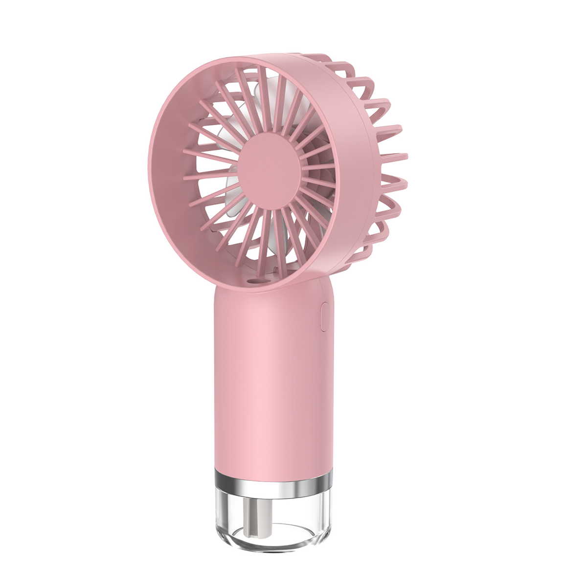 Kleiner rosa Handventilator mit rosa Griff und transparentem Wasserbehälter. Auf weißem Grund.