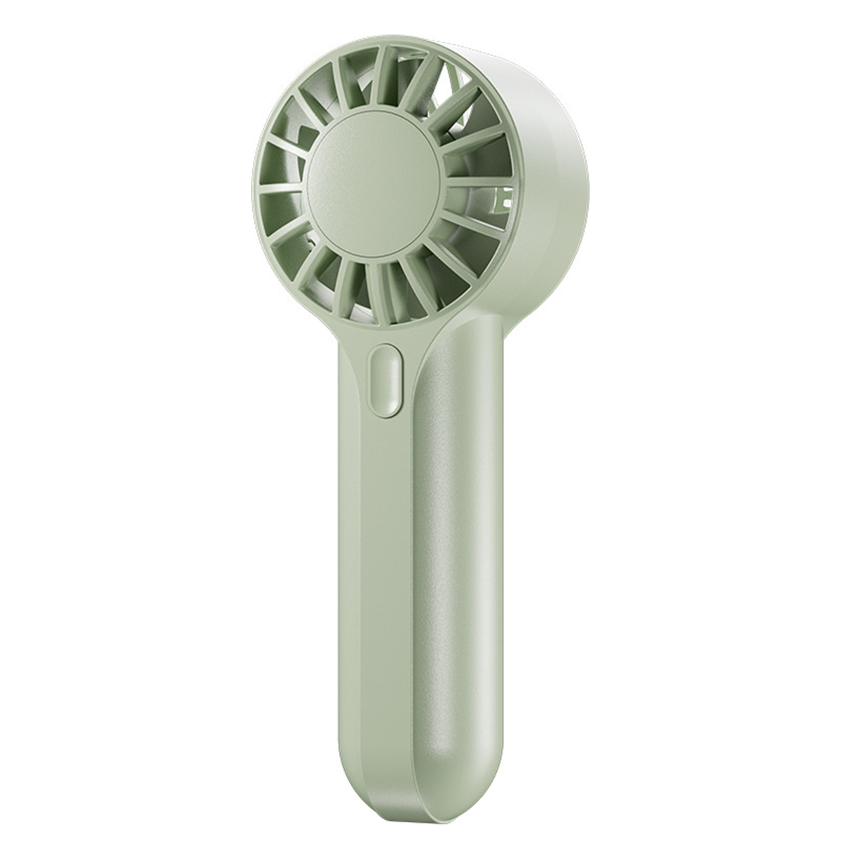 Handventilator in Grün mit Griff. Ein Knopf befindet sich auf der Vorderseite. Weißer Hintergrund.
