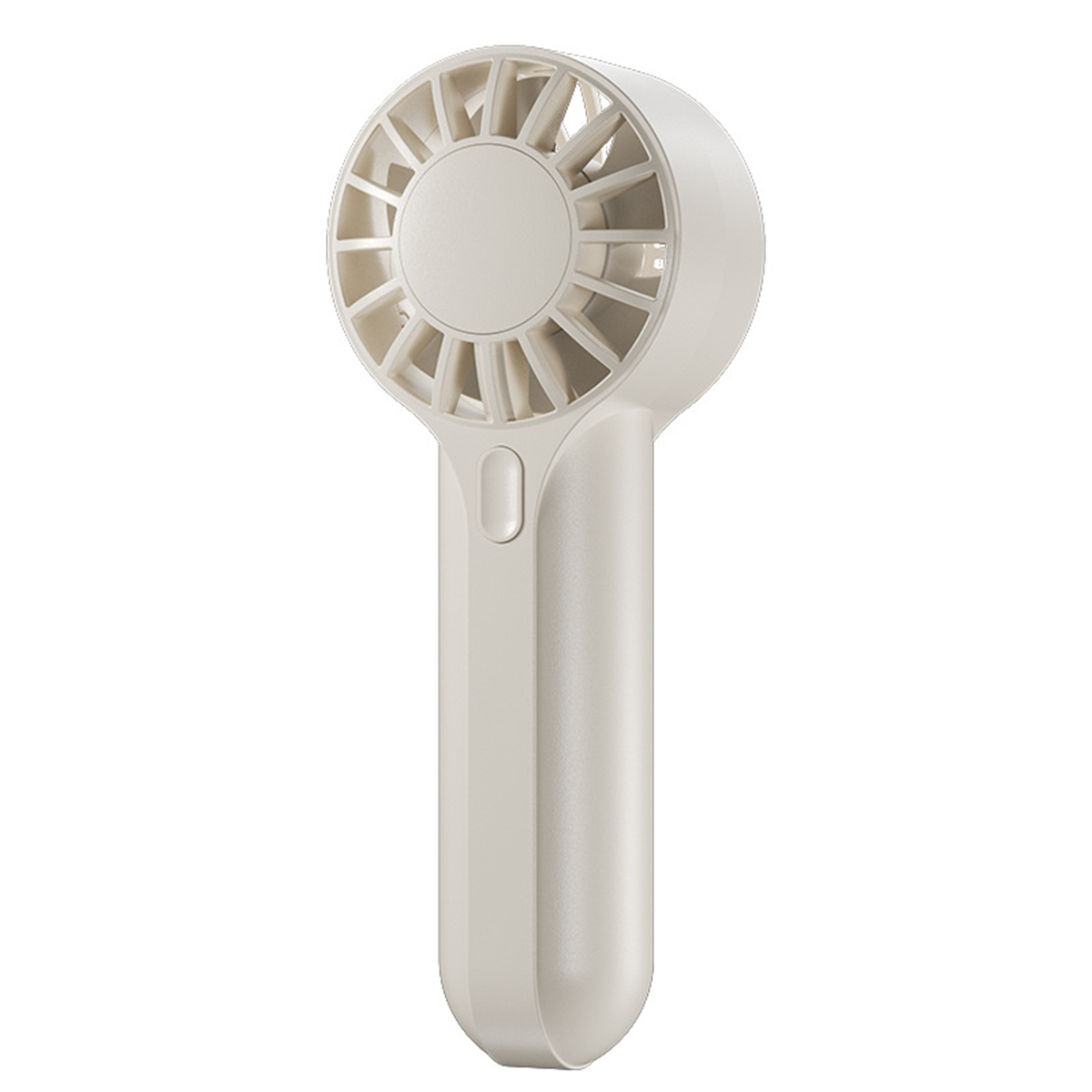 Handlicher beiger Ventilator. Er hat einen Griff und einen Knopf. Weißer Hintergrund.