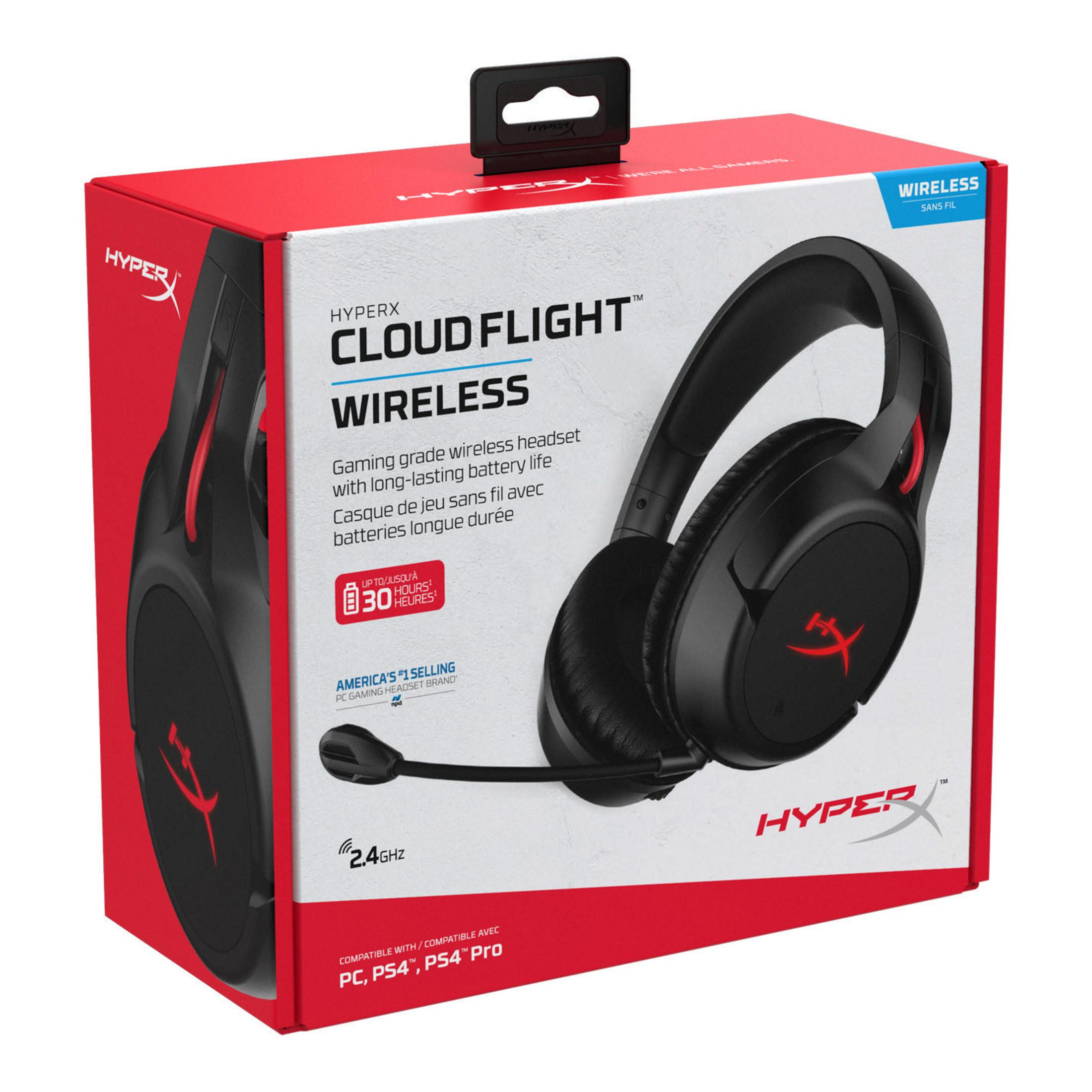 Pudełko słuchawek z logo HyperX, obrazem zestawu słuchawkowego i tekstem 'Cloud Flight Wireless'.