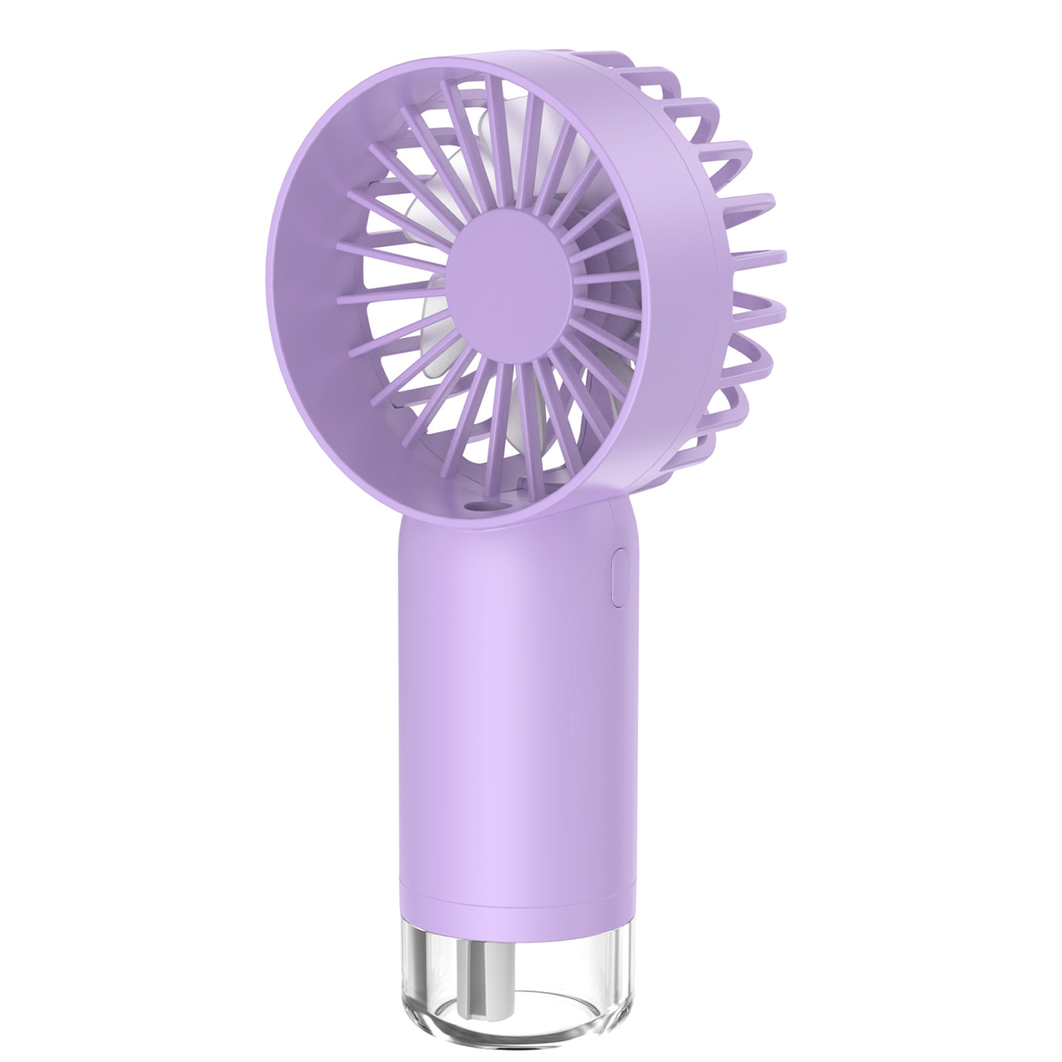 Ein lila Handventilator mit zylindrischem Körper, rundem Ventilator und klarer Basis. Der Lüfter ist eingeschaltet.