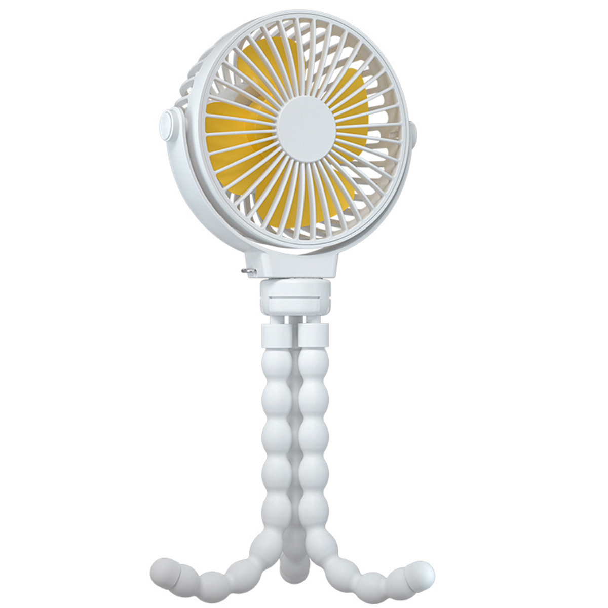 Weißer Ventilator mit gelben Flügeln. Er steht auf einem flexiblen Stativ. Der Hintergrund ist weiß.