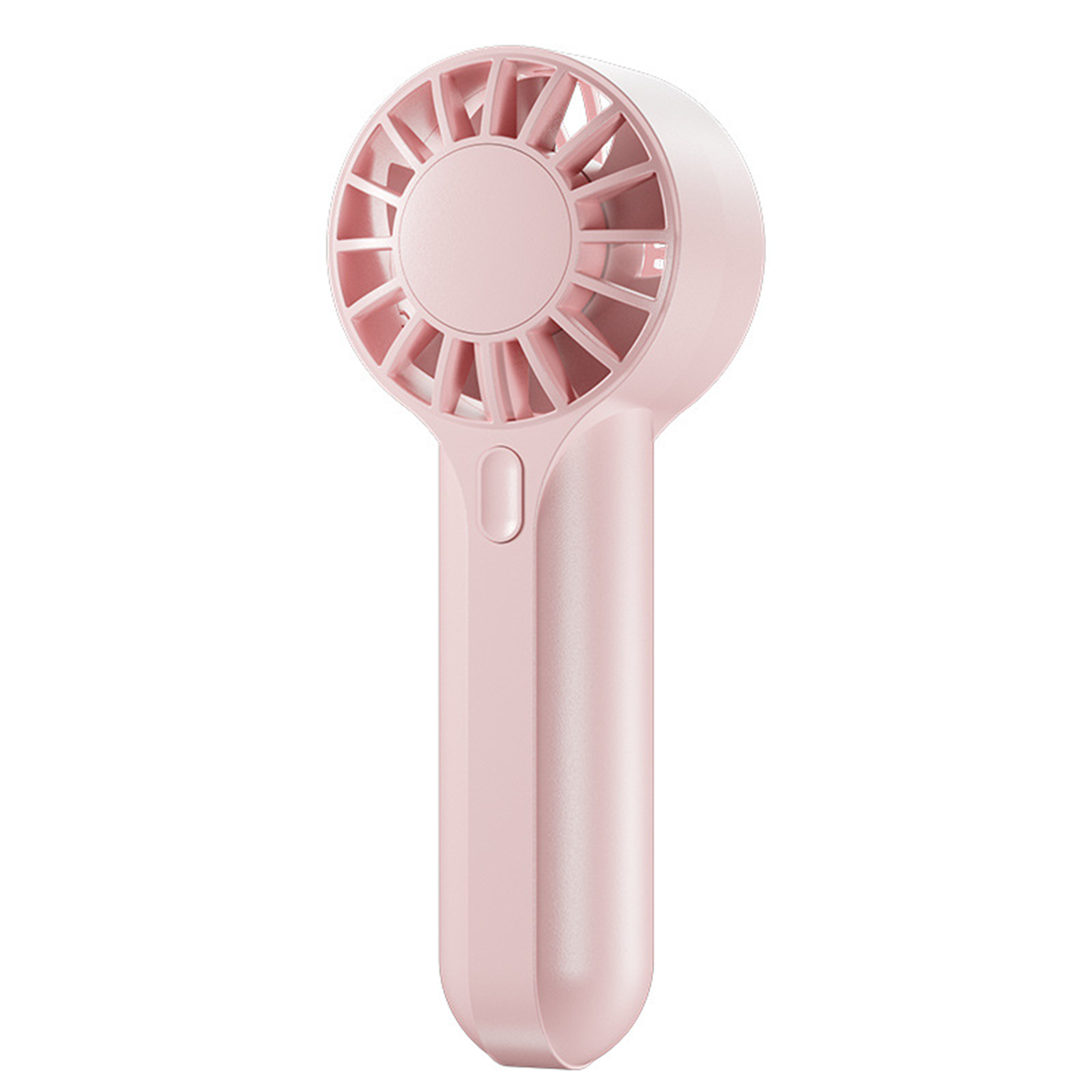 Ein pinkfarbener Handventilator mit Griff. Weißer Hintergrund.