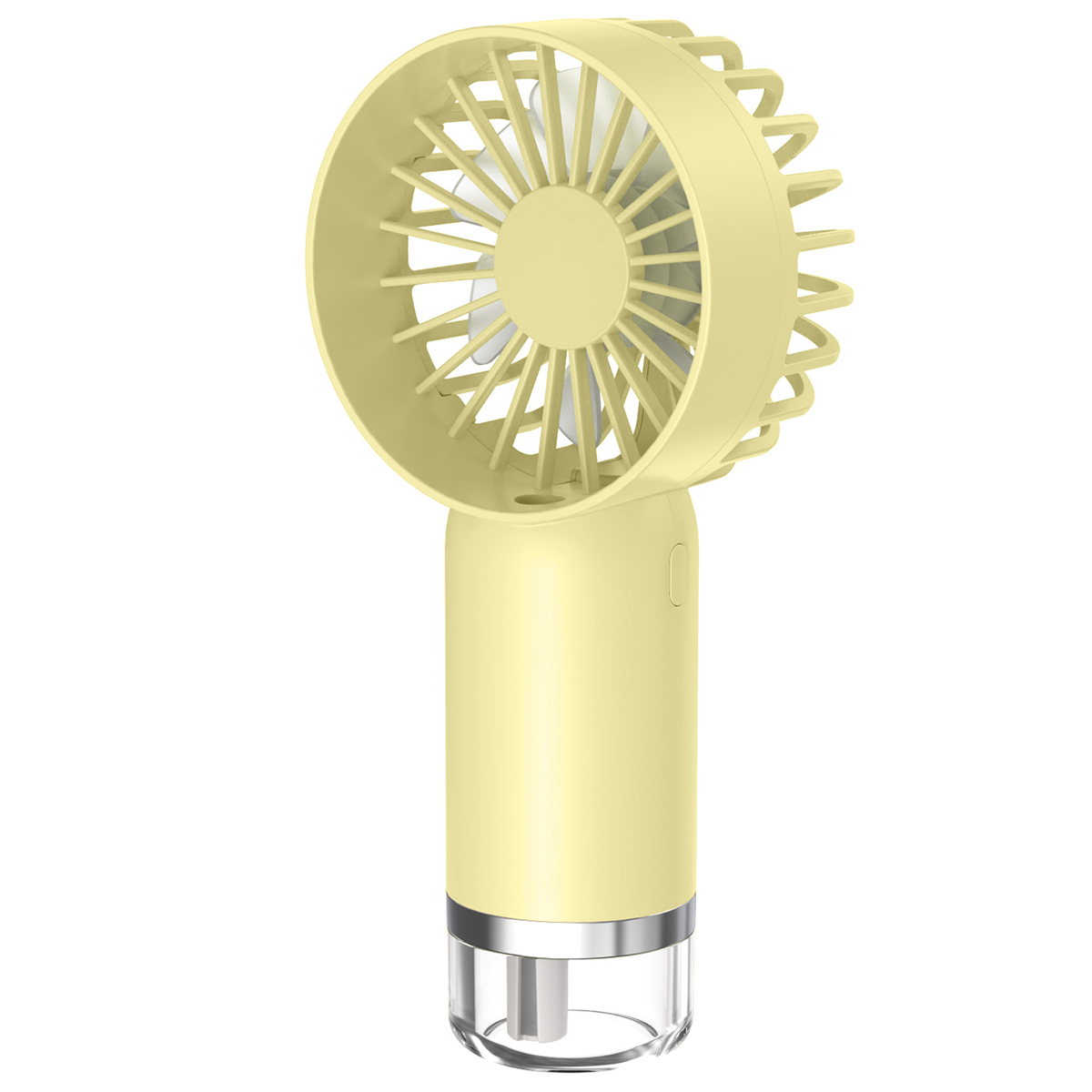 Gelber Handventilator mit durchsichtigem Boden. Der Ventilator hat eine runde Form.