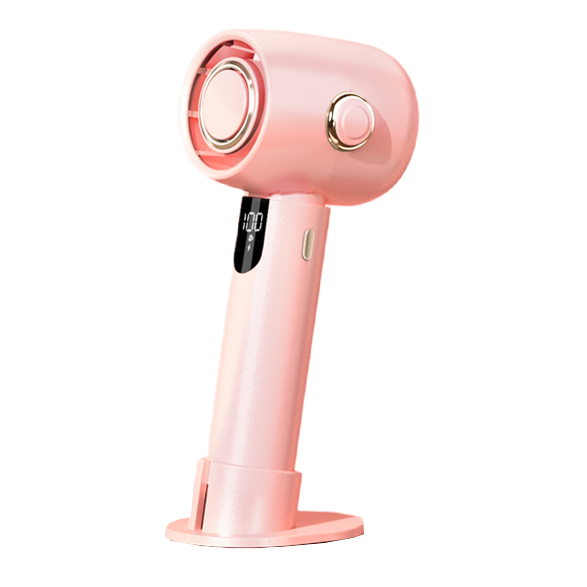 Ein rosa Handventilator mit Digitalanzeige, mit Ständer.