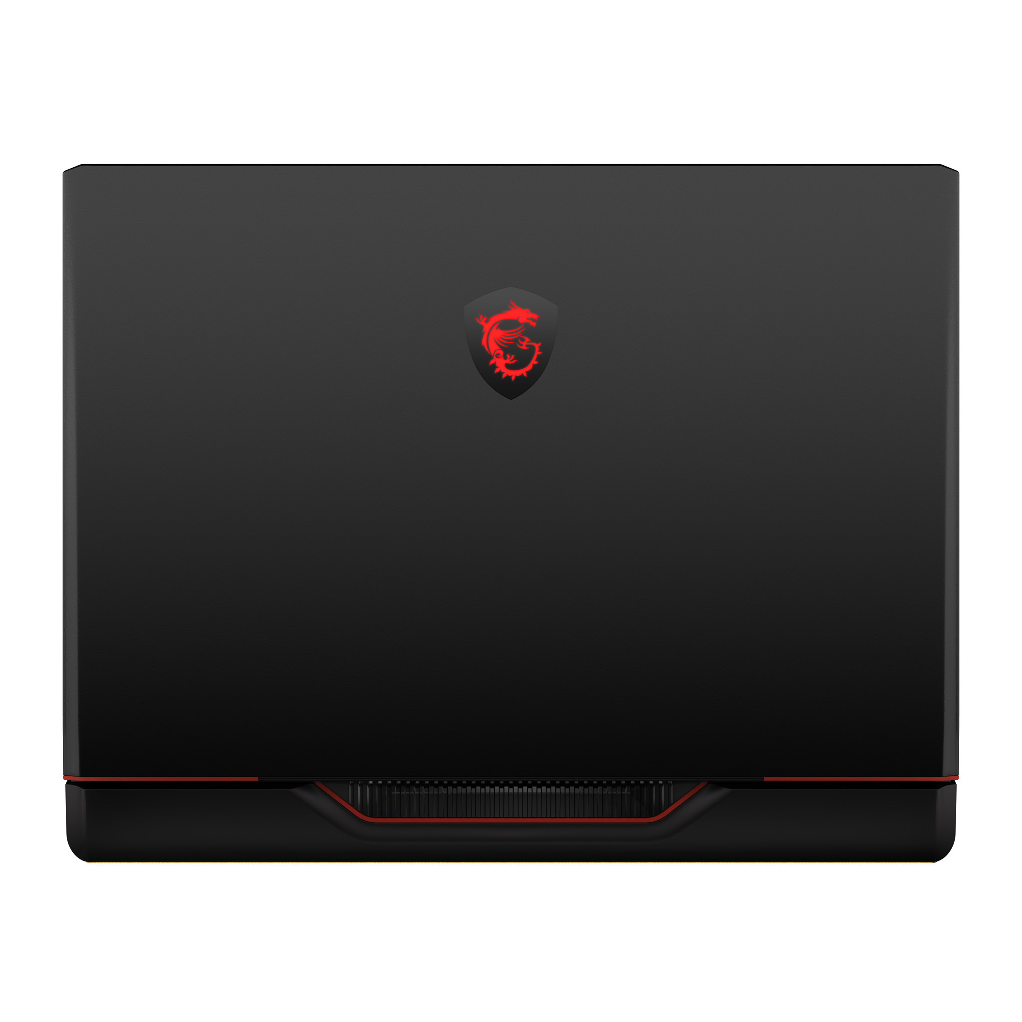 Widok z góry na czarny laptop z czerwonymi akcentami i logo MSI.