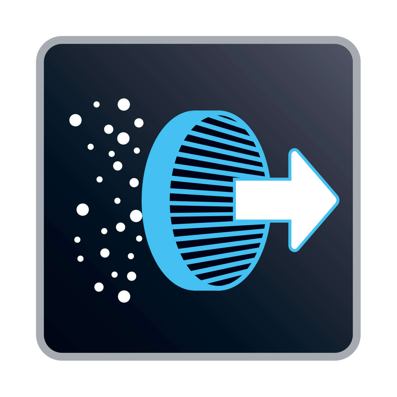 Niebiesko-czarna ikona filtra powietrza ze strzałką. Ikona przedstawia przepływ powietrza.