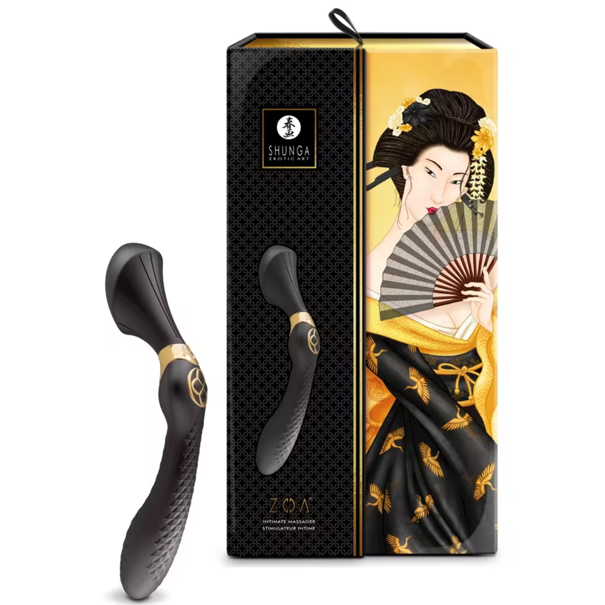 Juguete sexual negro y caja con ilustración de geisha.