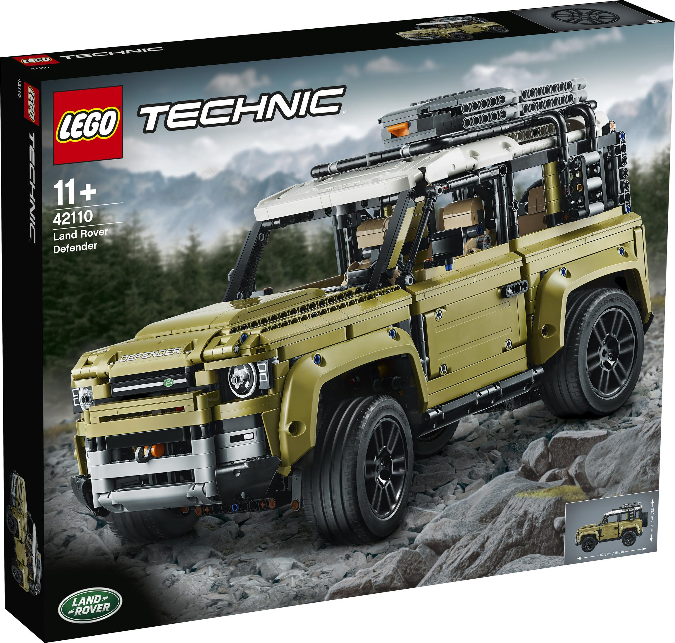 Zestaw Lego Technic Land Rover Defender w pudełku. Pudełko przedstawia model pojazdu, logo Lego i przedział wiekowy.