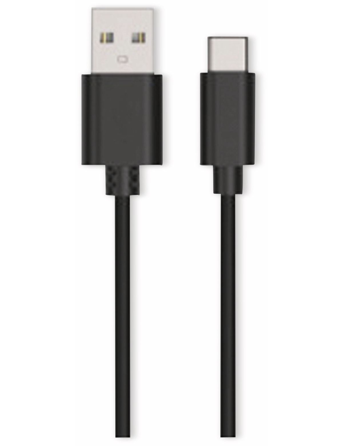 Cavo nero da USB a USB-C. Sfondo bianco.