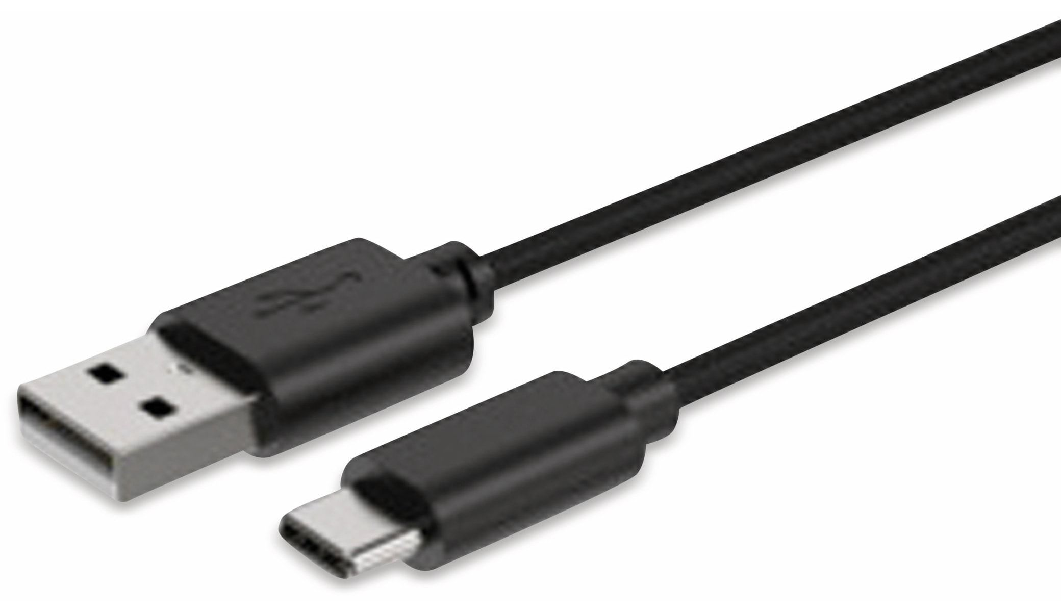 Cavo USB nero con connettori USB-A e USB-C.