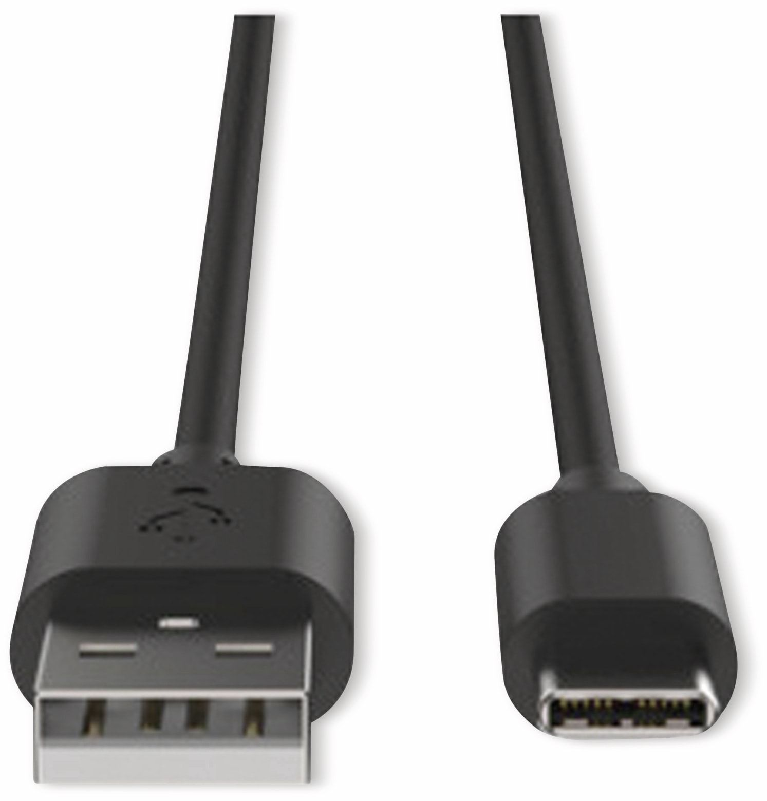 Primo piano di un cavo da USB a USB-C nero, con sfondo bianco.